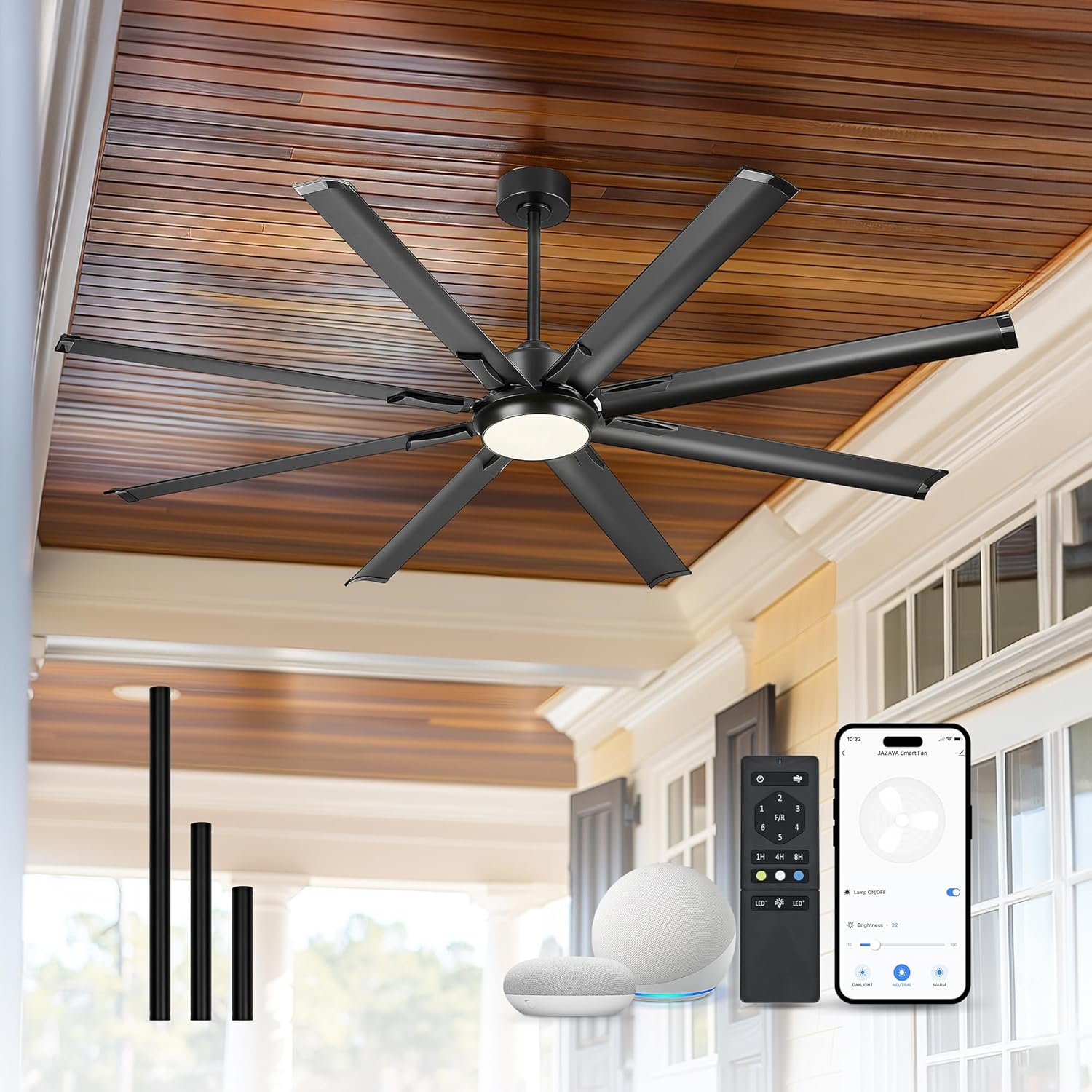 72 Inch White & Gold Ceiling Fan,Smart Ceiling Fan with Voice Control,Work With Alexa and Geogle,Large Ceiling Fan With 8 Aluminium Metal Blades