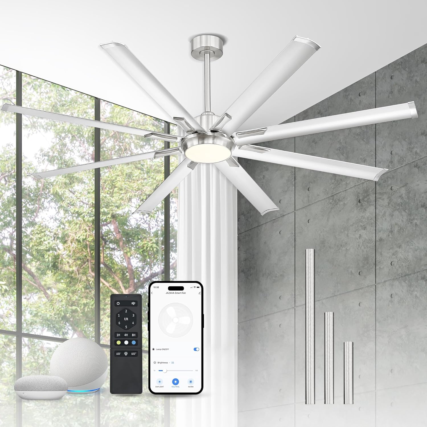 84 Inch Industrial Ceiling Fans With Lights and Remote,Extra Large Indoor/Outdoor Ceiling Fan With 8 Aluminium Metal Blades,Brushed Nickel Ceiling Fan,Works with Alexa and Google Home