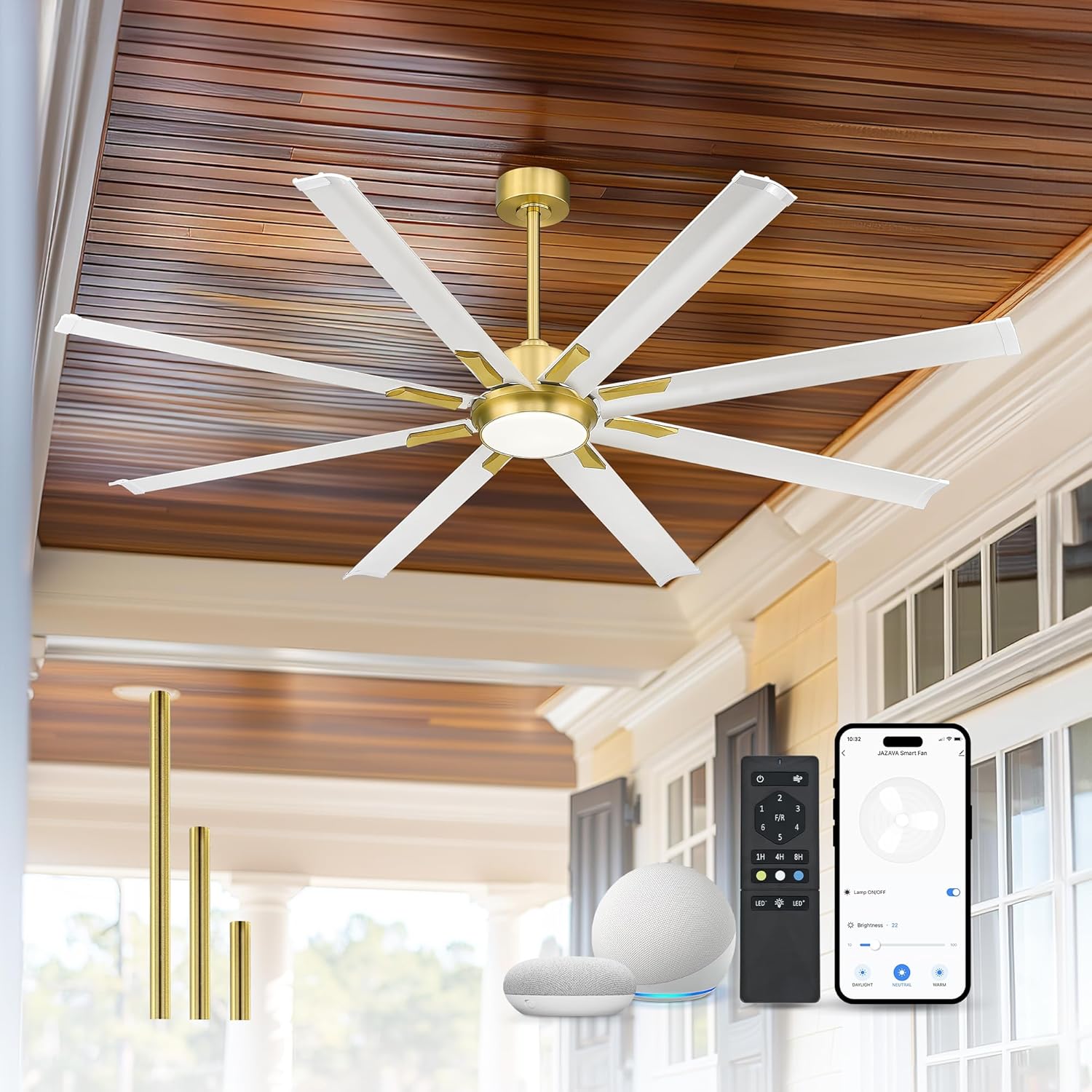 72 Inch White & Gold Ceiling Fan,Smart Ceiling Fan with Voice Control,Work With Alexa and Geogle,Large Ceiling Fan With 8 Aluminium Metal Blades