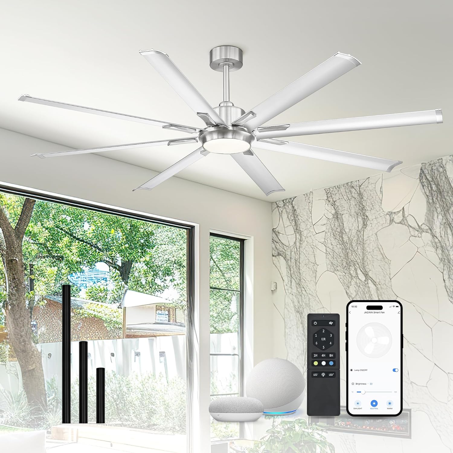 72 Inch White & Gold Ceiling Fan,Smart Ceiling Fan with Voice Control,Work With Alexa and Geogle,Large Ceiling Fan With 8 Aluminium Metal Blades