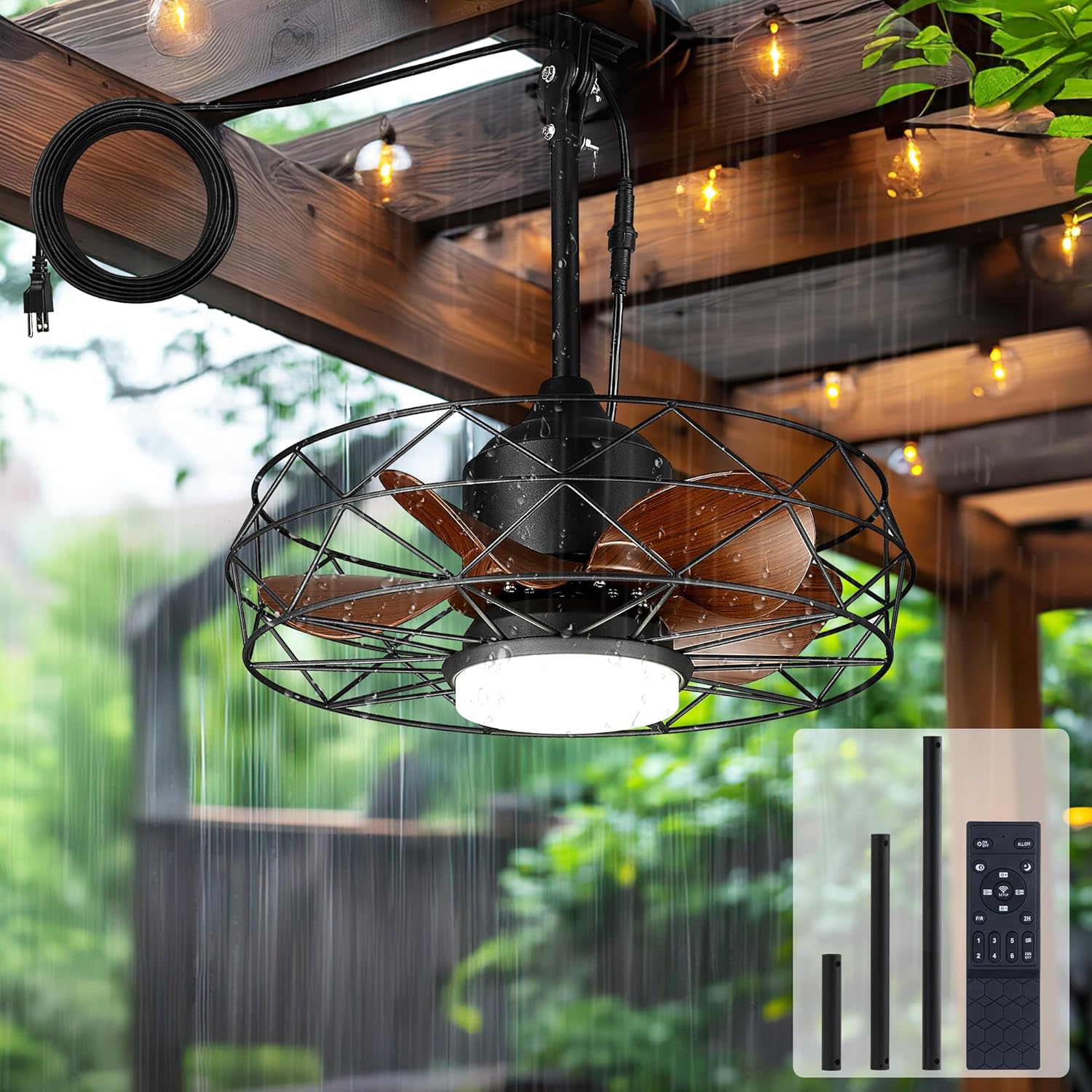 Outdoor Ceiling Fans with Light and Remote Control, 20" Wet-Rated Gazebo Hanging Fans for Patios, Caged Ceiling Fan with 3 Color Temperatures