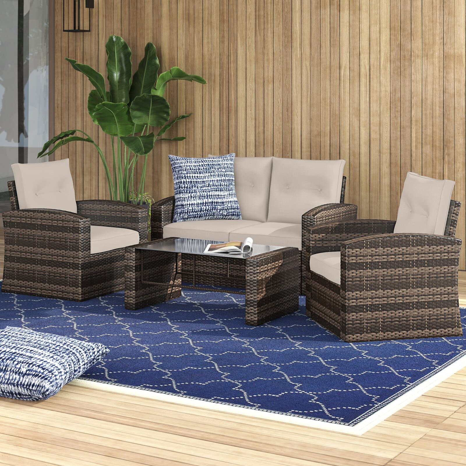 4 Piece Rattan Sofa Seating Group with Cushions