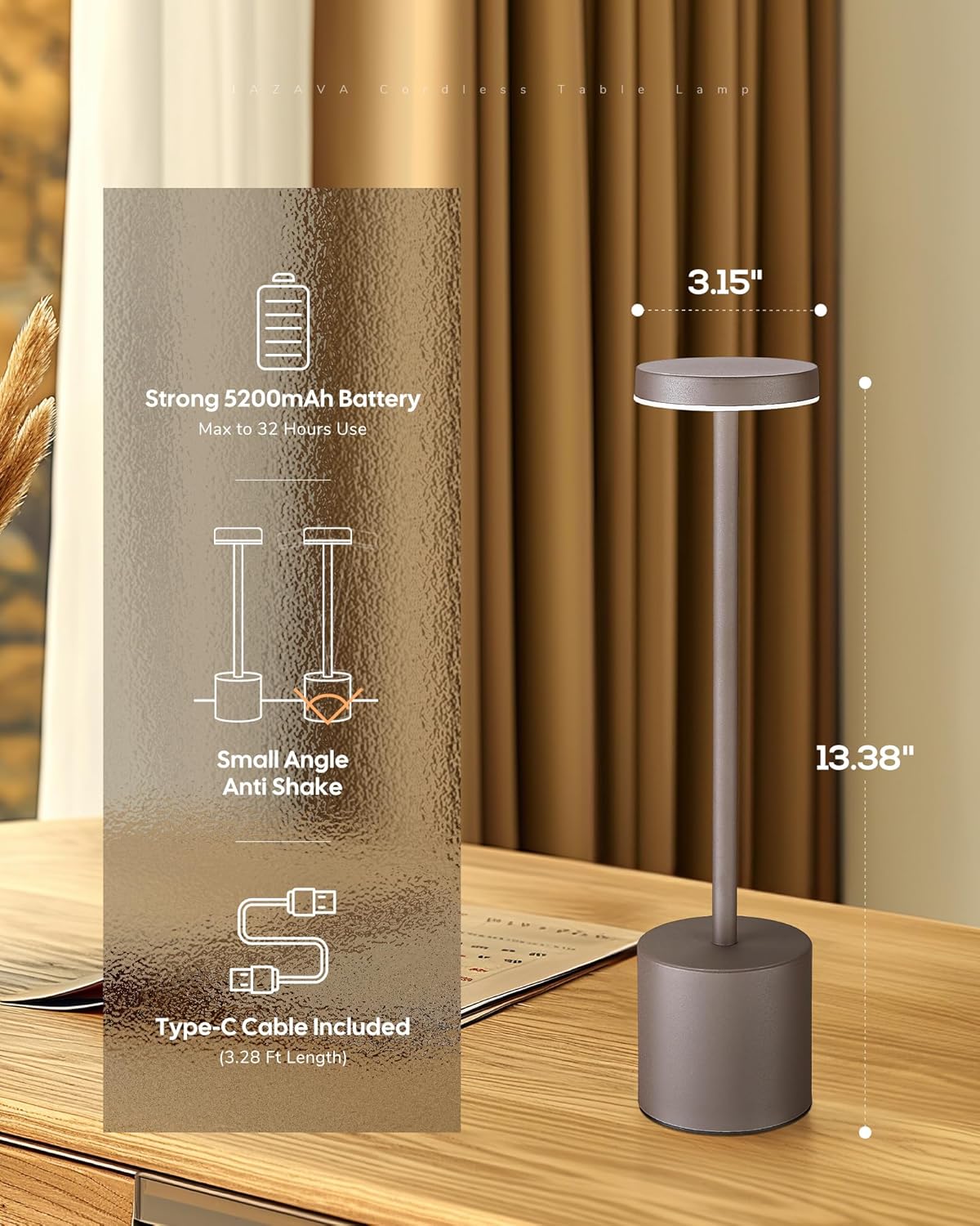 Cordless LED Desk Lamp, Black Table Lamp with 3 Colors, 5200mAh Battery Operated for Home Office Restaurant Bedroom Bars (2 Pack)