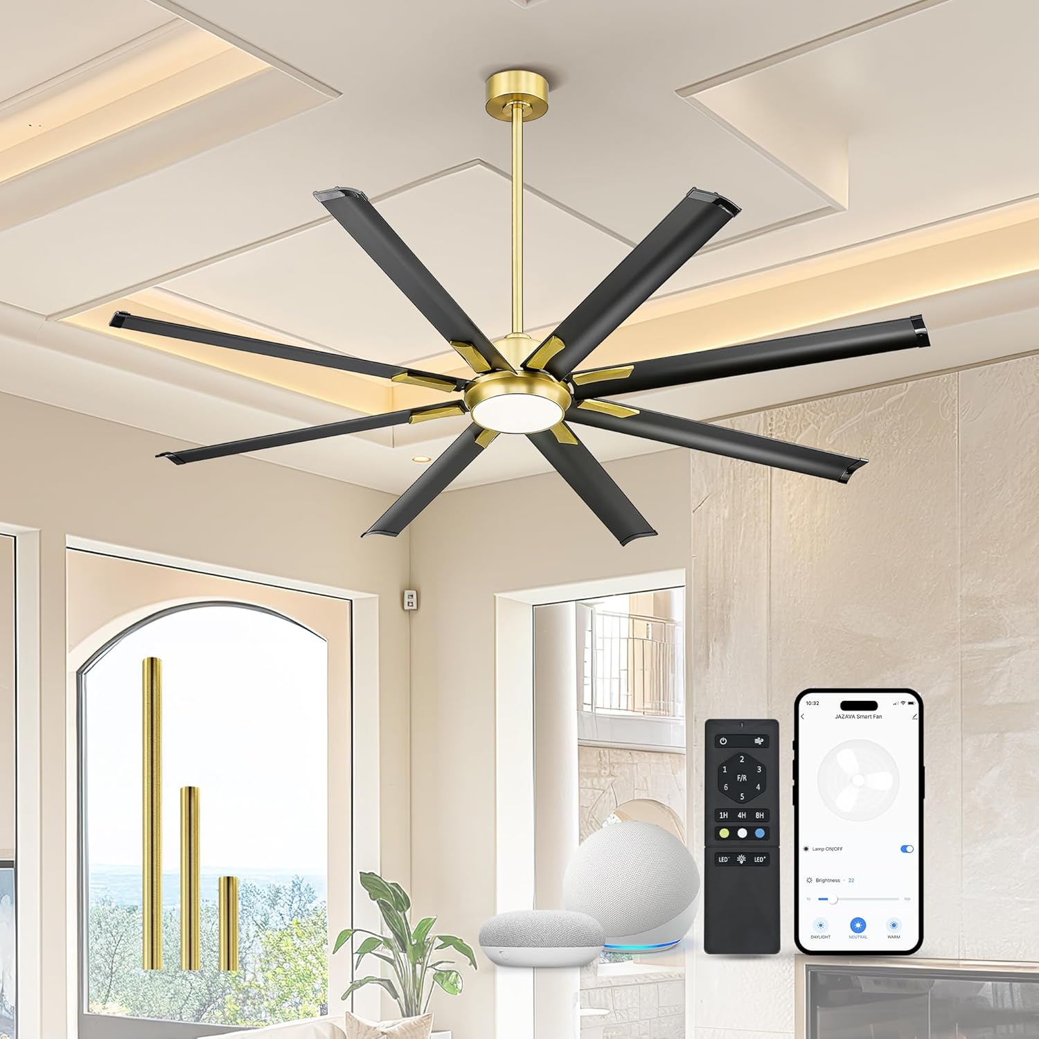 72 Inch White & Gold Ceiling Fan,Smart Ceiling Fan with Voice Control,Work With Alexa and Geogle,Large Ceiling Fan With 8 Aluminium Metal Blades