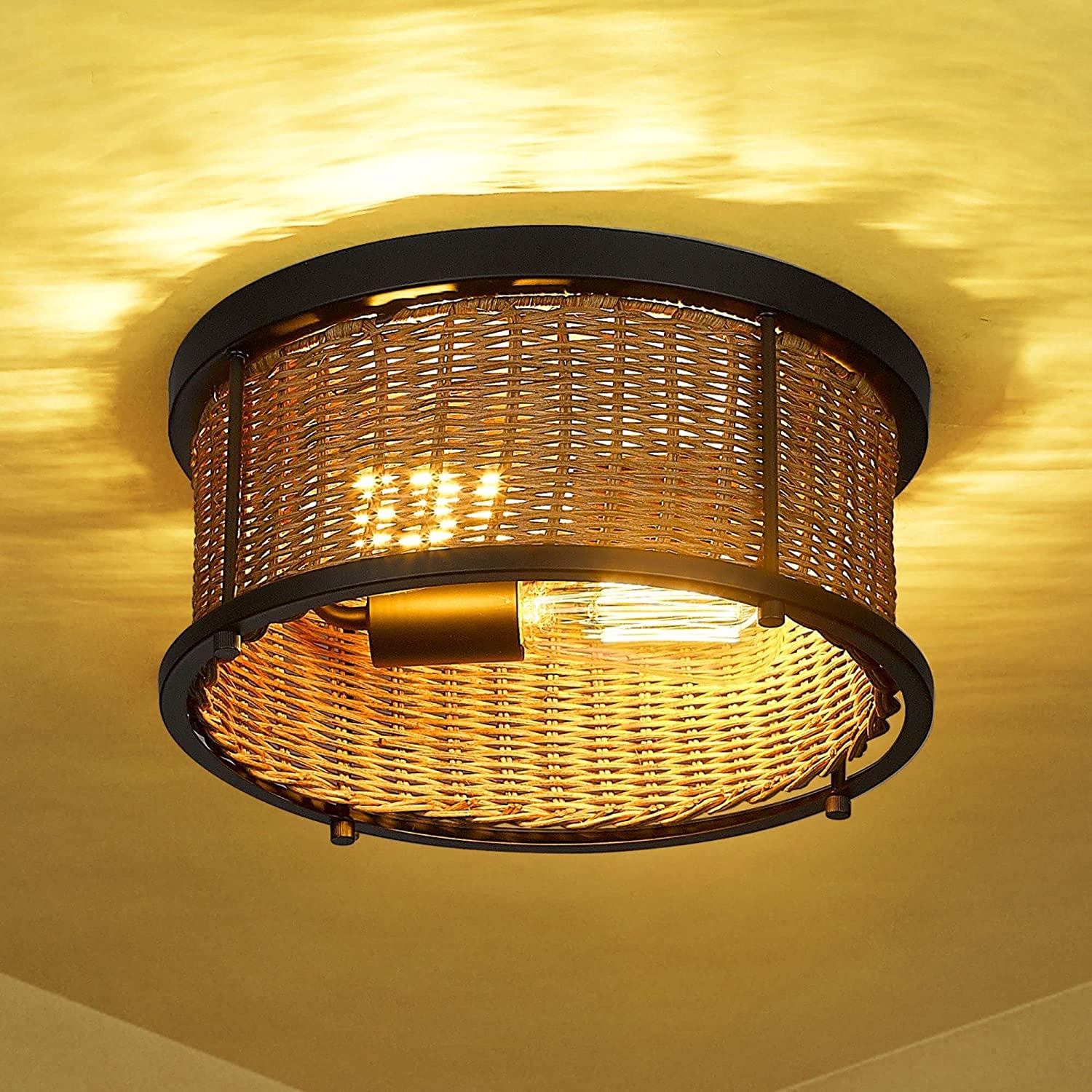 Boho Style Rustic Bamboo Wicker Rattan Flush Mount - 12 inch Ceiling Light Fixture - USAG00112