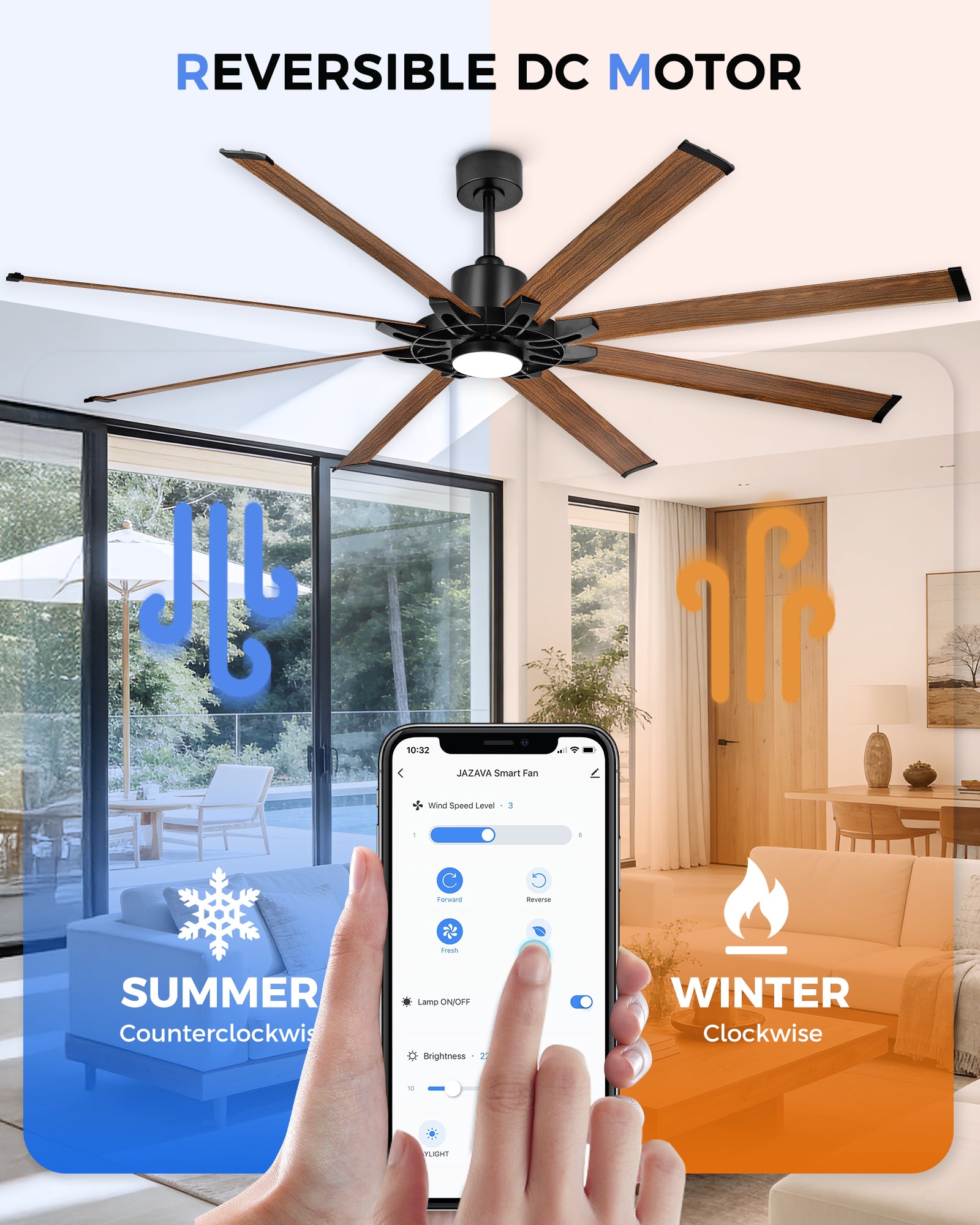 84" Smart Ceiling Fan with Light, Patented Hub Design, Aluminium Blade, Alexa App Control, Walnut