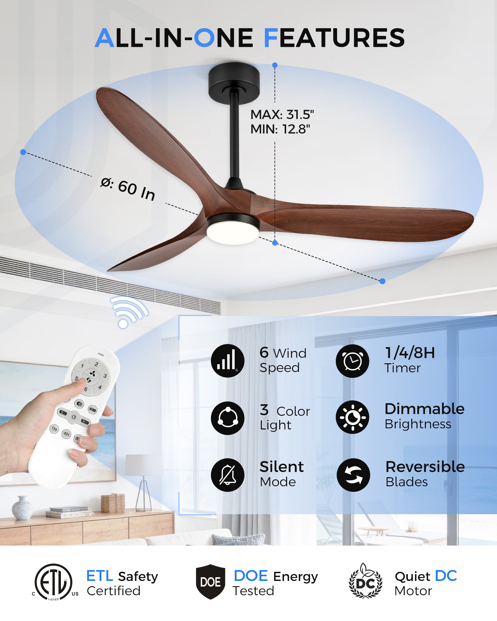 60" Coastal Ceiling Fan with Light, Corrosion-Resistant, Quiet DC Motor, 3CCT LED, Remote Control, Walnut