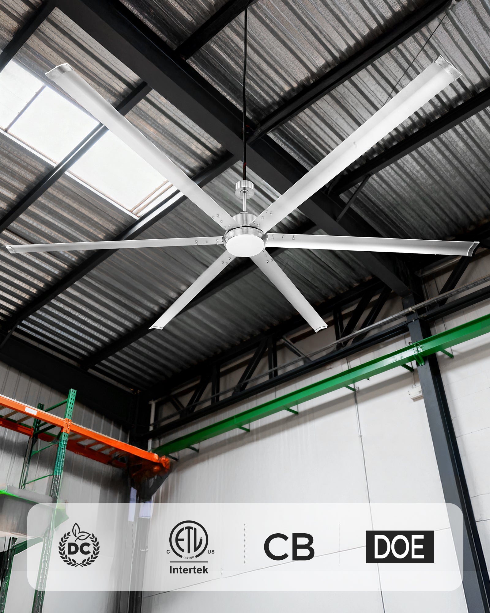 96" Industrial Ceiling Fan with Light, Aluminium Blades, Brushed Nickel