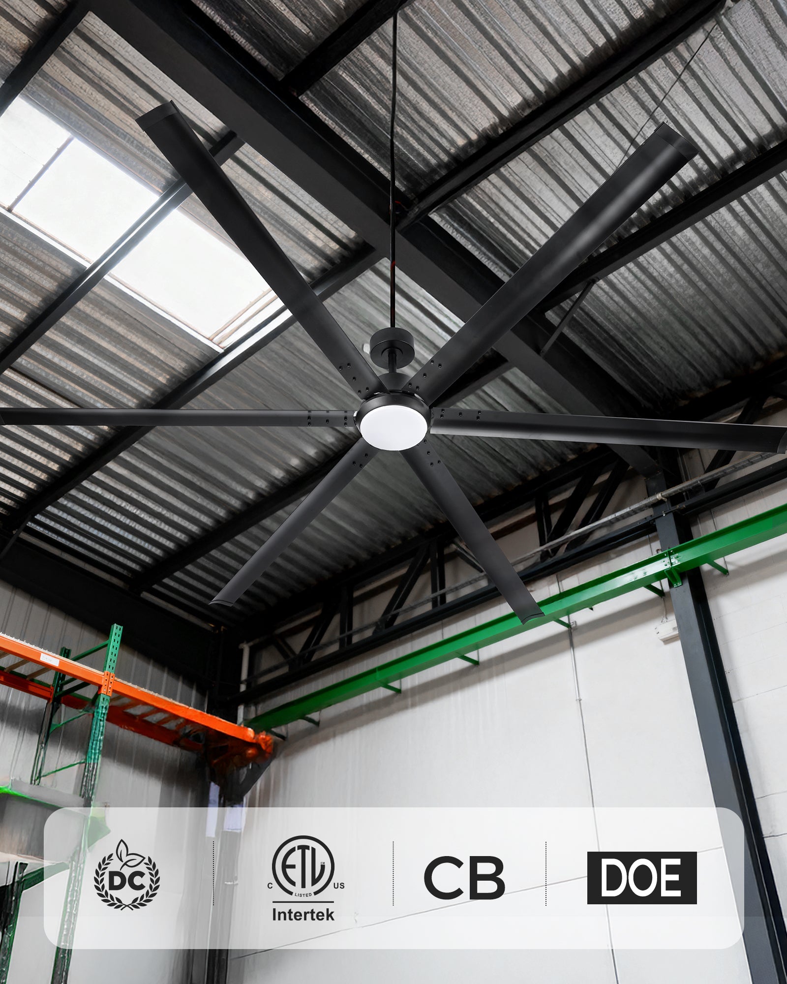 96" Industrial Ceiling Fan with Light, Aluminium Blades, Matte Black