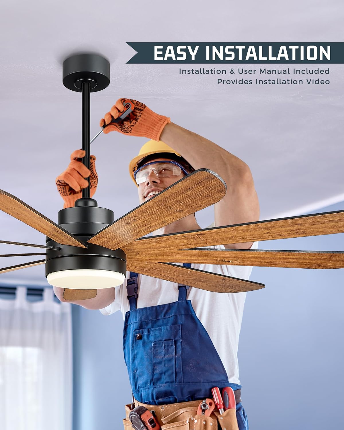 72 inch Large Ceiling Fans with Lights, Modern Ceiling Fan for Kitchen Living Room, 9 Blades Dual Nickel & White Walnut Ceiling Fan with Remote