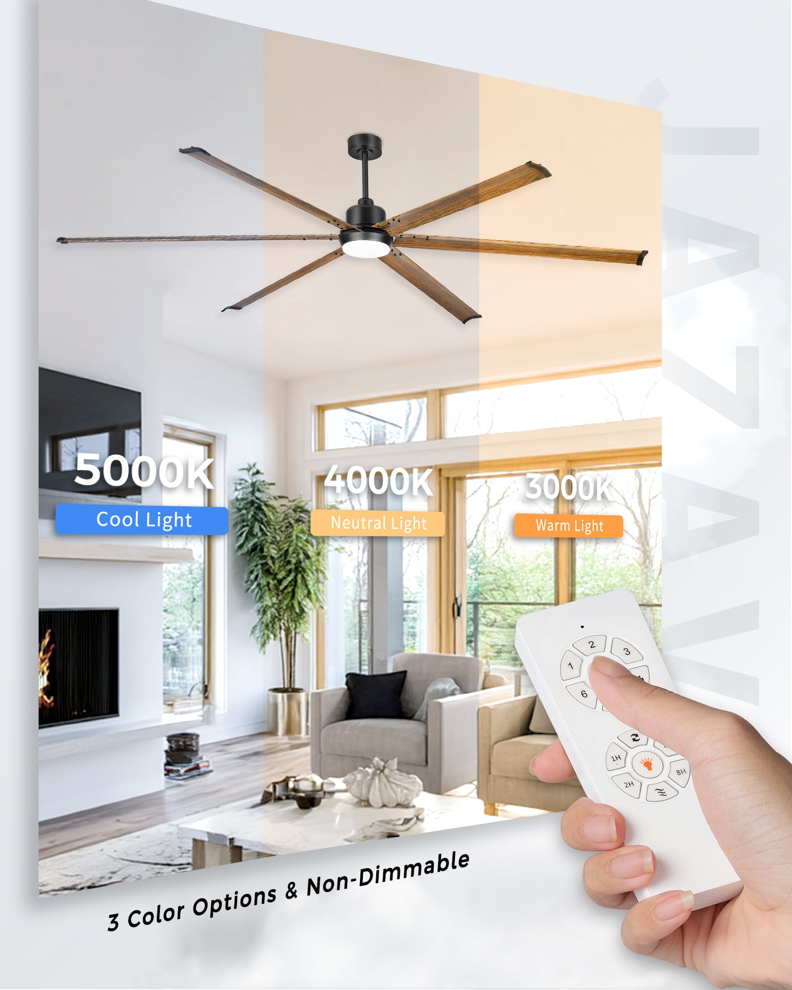 96" Industrial Ceiling Fan with Light, Aluminium Blades, Black & Wood Grain