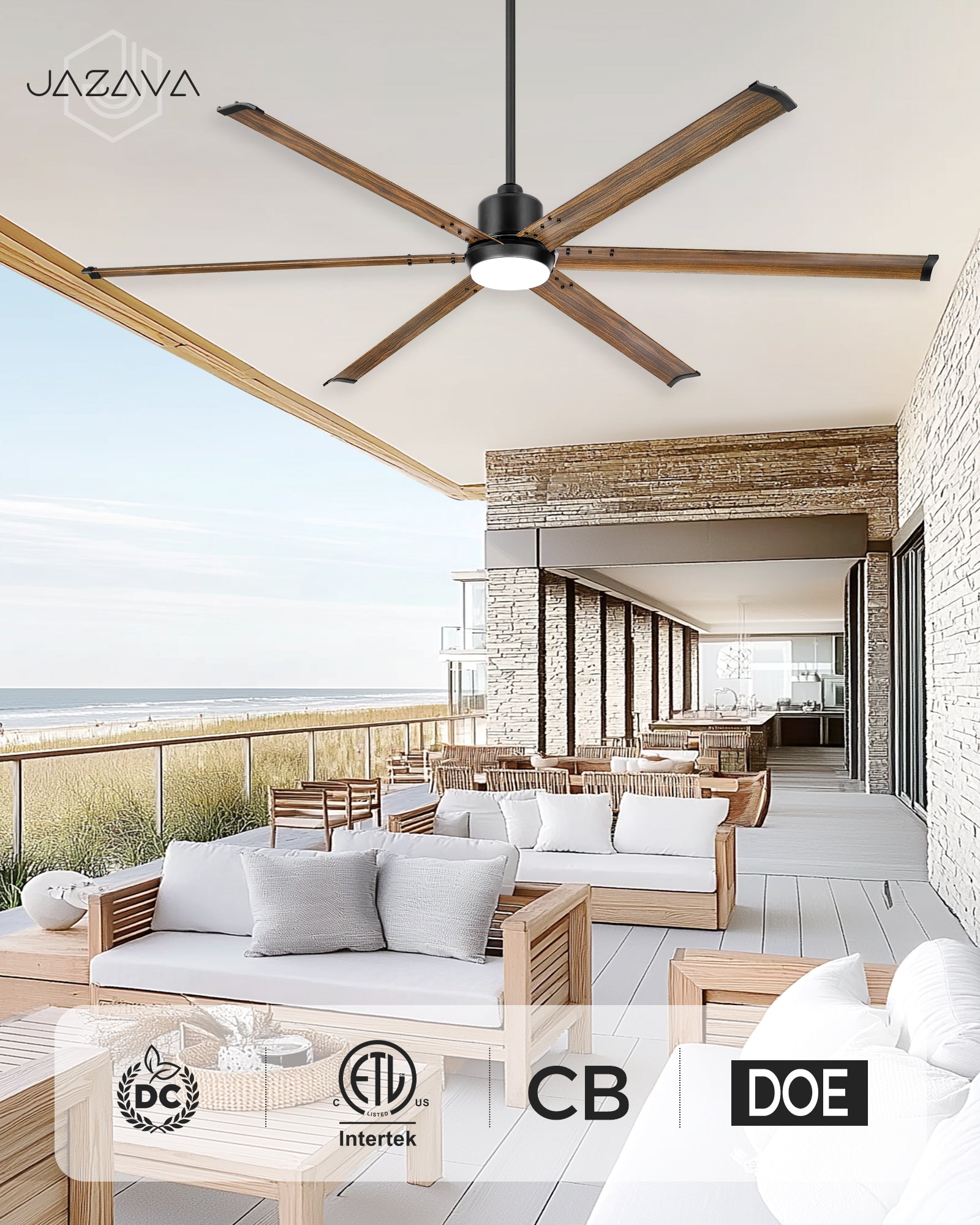 84" Industrial Ceiling Fan with Light, Aluminium Blades, Black & Wood Grain
