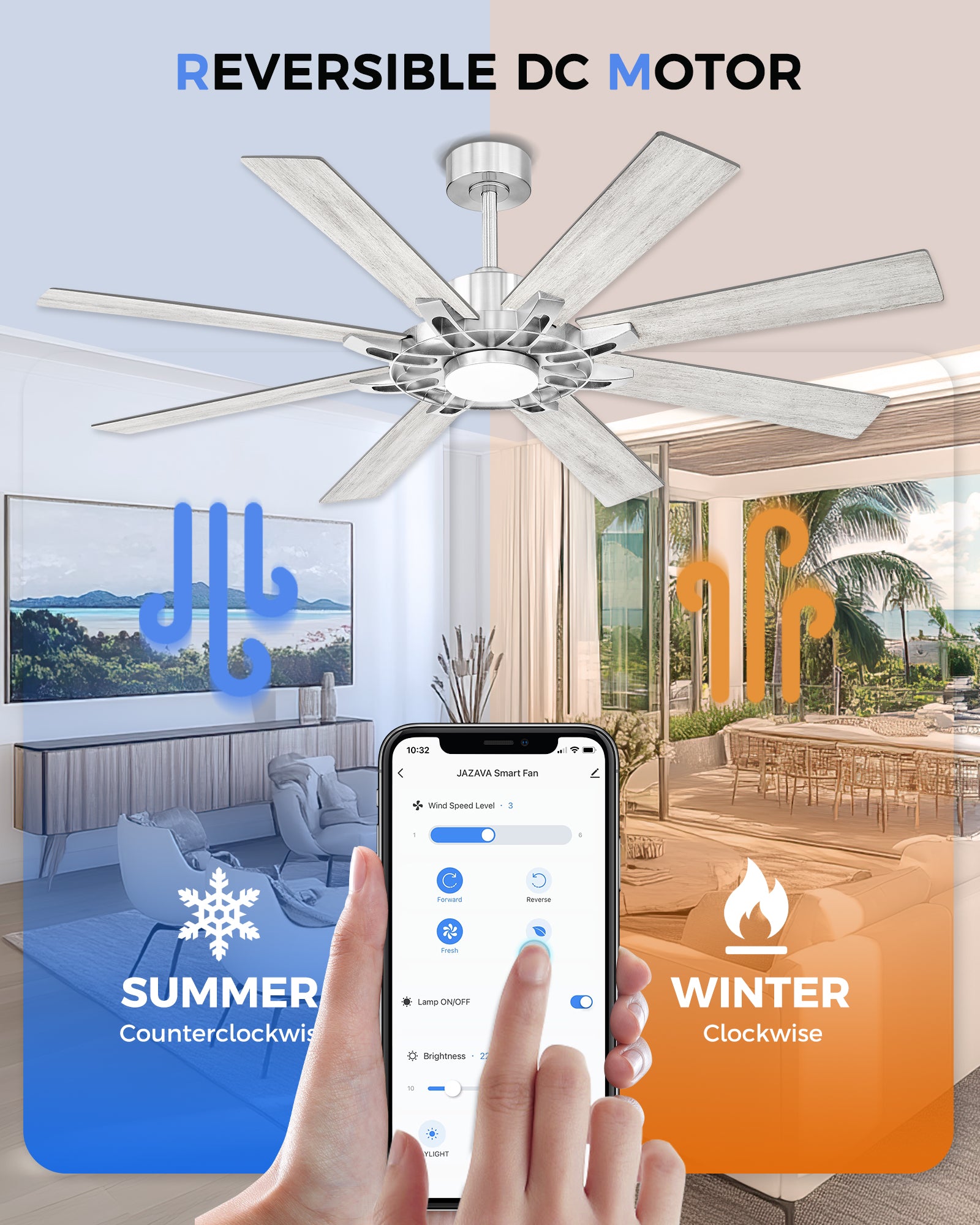 60" Smart Ceiling Fan with Light, Patented Hub Design, Plywood Blade, Alexa App Control, Brushed Nickel & Wood
