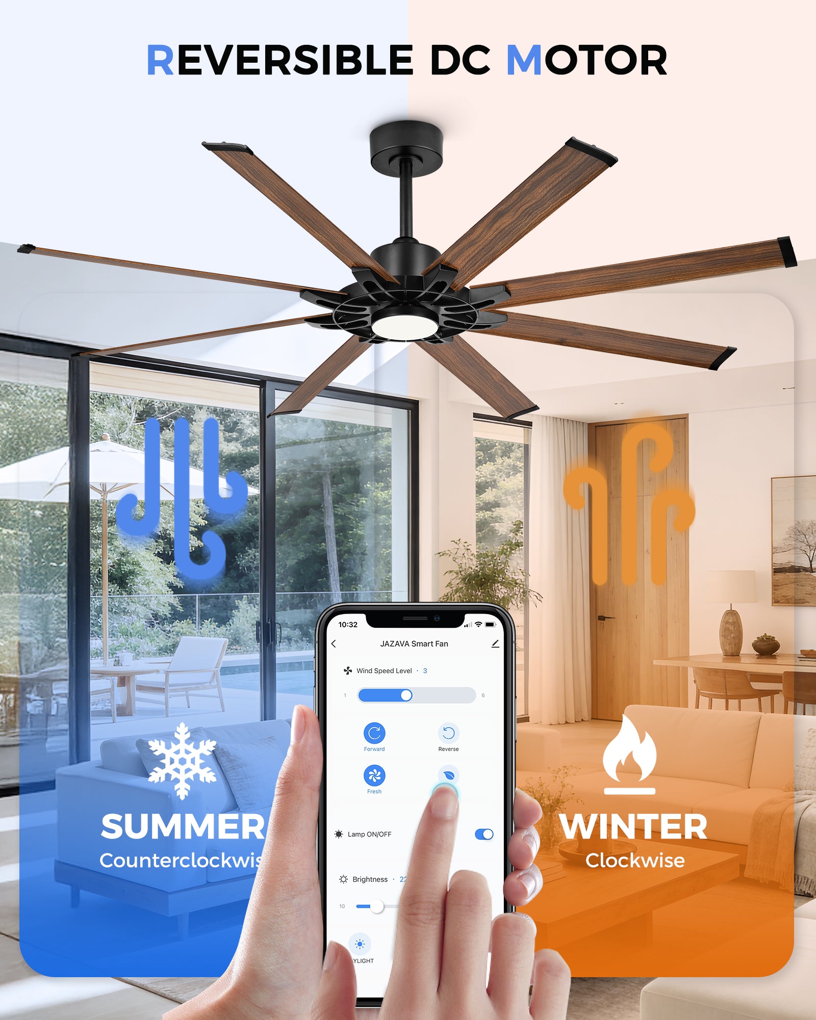 72" Smart Ceiling Fan with Light, Patented Hub Design, Aluminium Blade, Alexa App Control, Walnut