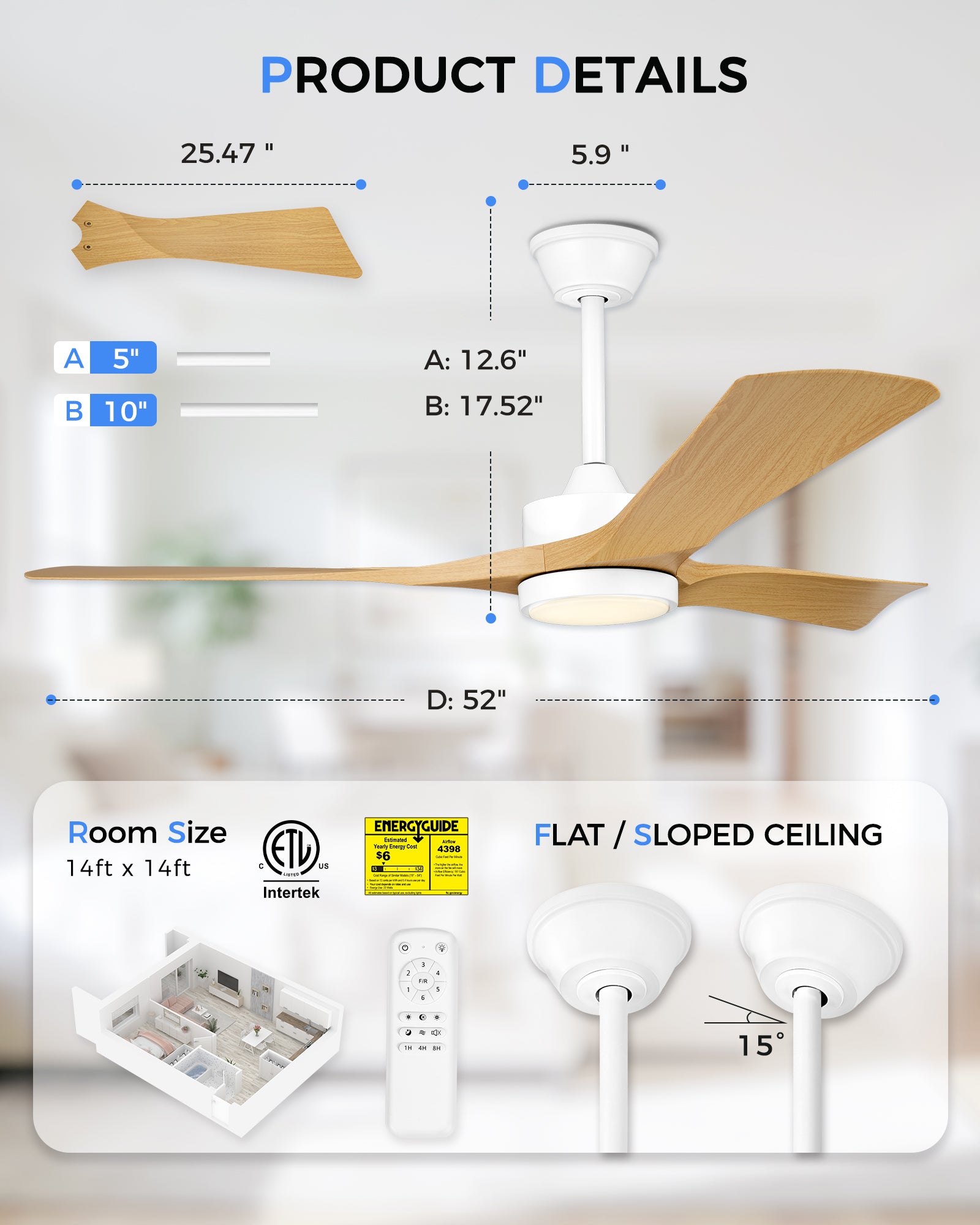 52" Coastal Ceiling Fan with Light, Corrosion-Resistant, Quiet DC Motor, 3CCT LED,  Remote Control, White