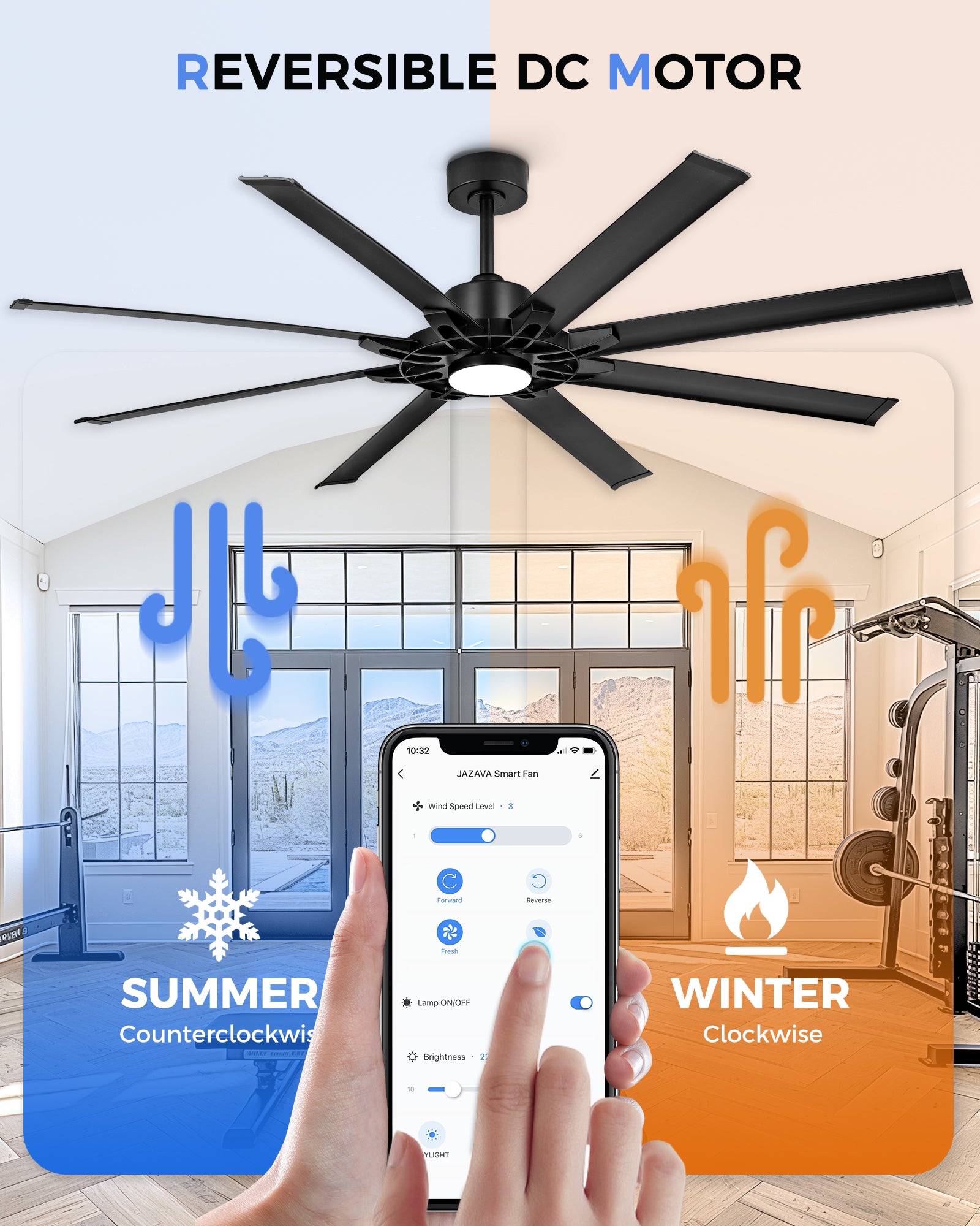 72" Smart Ceiling Fan with Light, Patented Hub Design, Aluminium Blade, Alexa App Control, Black