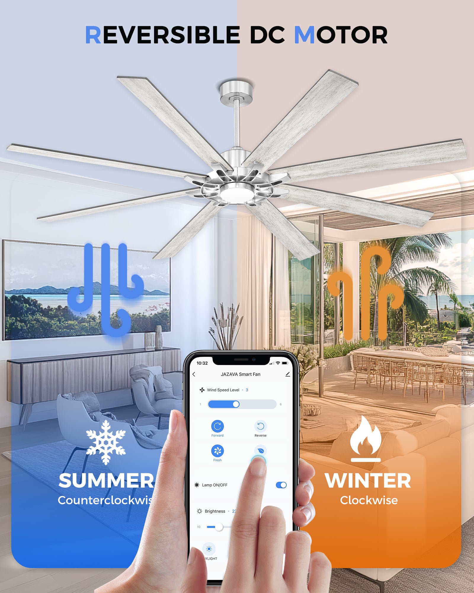84" Smart Ceiling Fan with Light, Patented Hub Design, Plywood Blade, Alexa App Control, Brushed Nickel & Wood