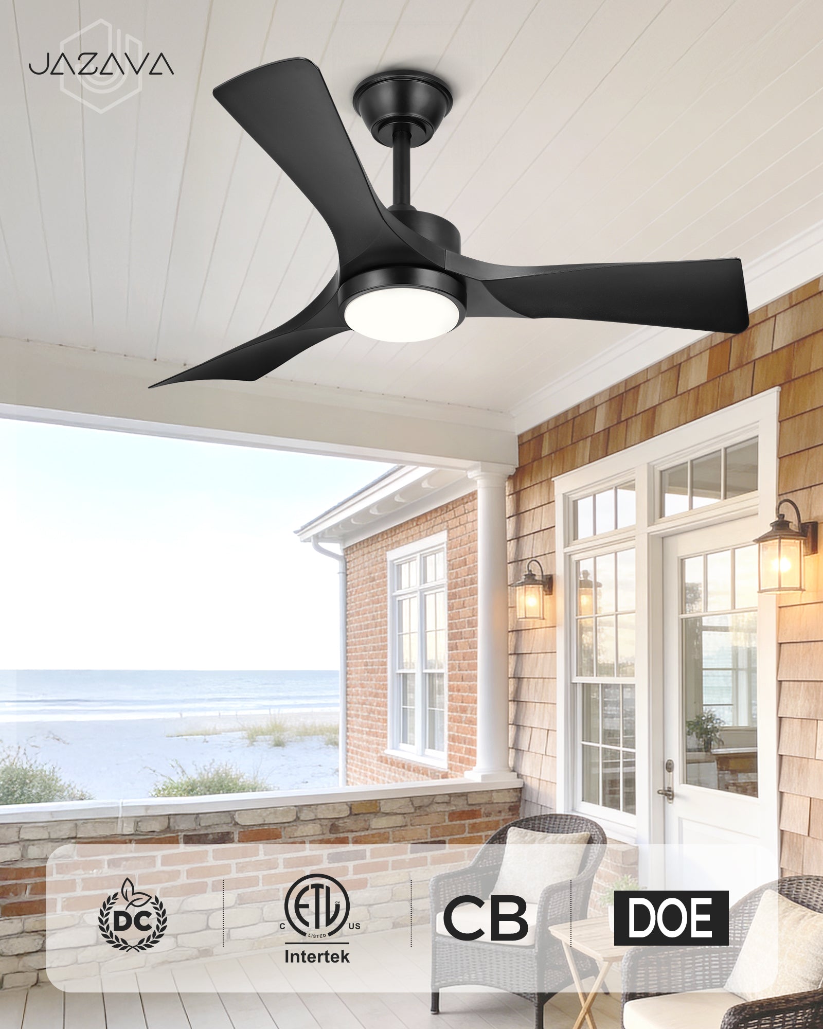 42" Coastal Ceiling Fan with Light, Corrosion-Resistant, Quiet DC Motor, 3CCT LED, Remote Control, Black
