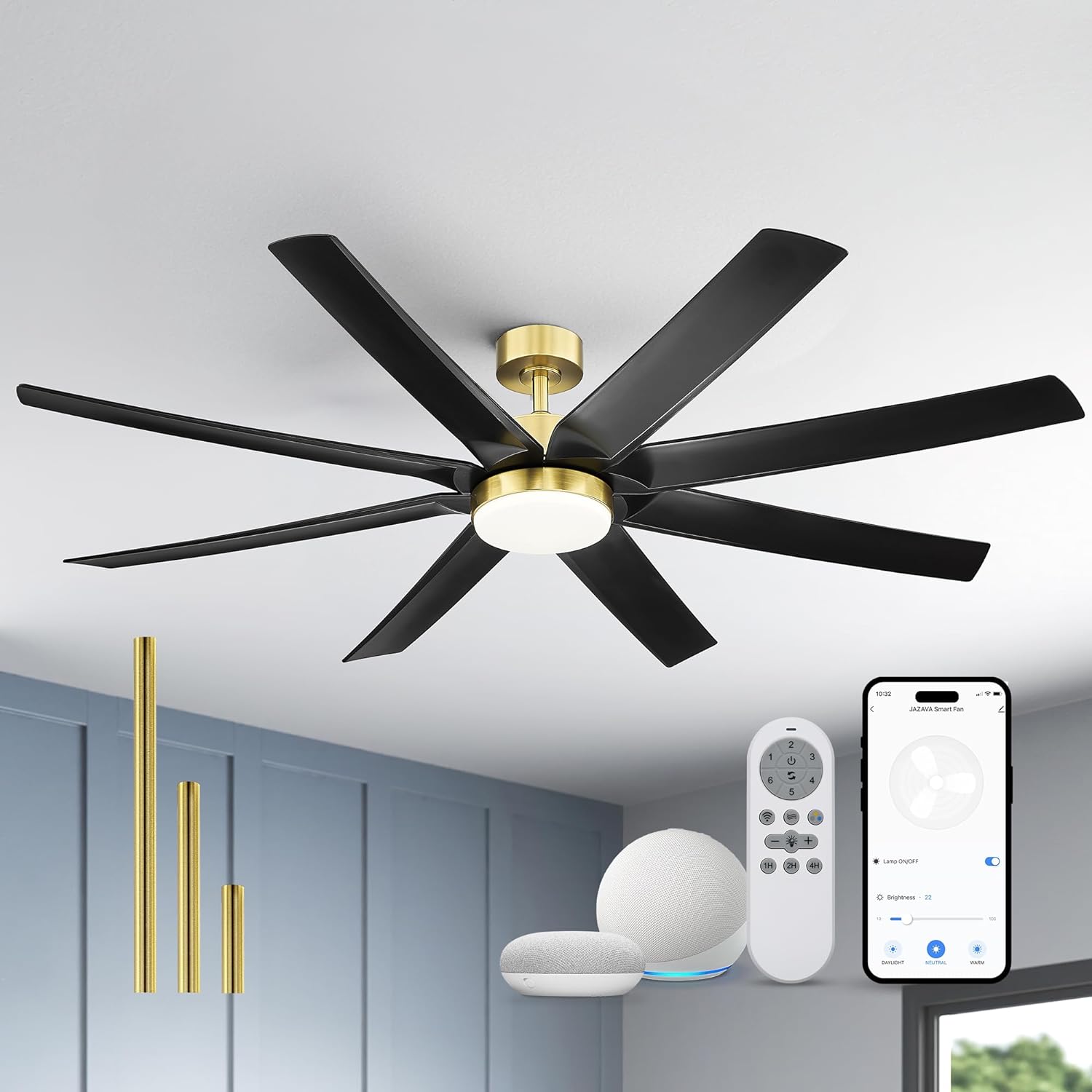 70 Inch Ceiling Fans with Lights, Smart Ceiling Fan with ALEXA and Google, Reversible DC Motor, 3CCT Dimmable Black Ceiling Fan for Patio