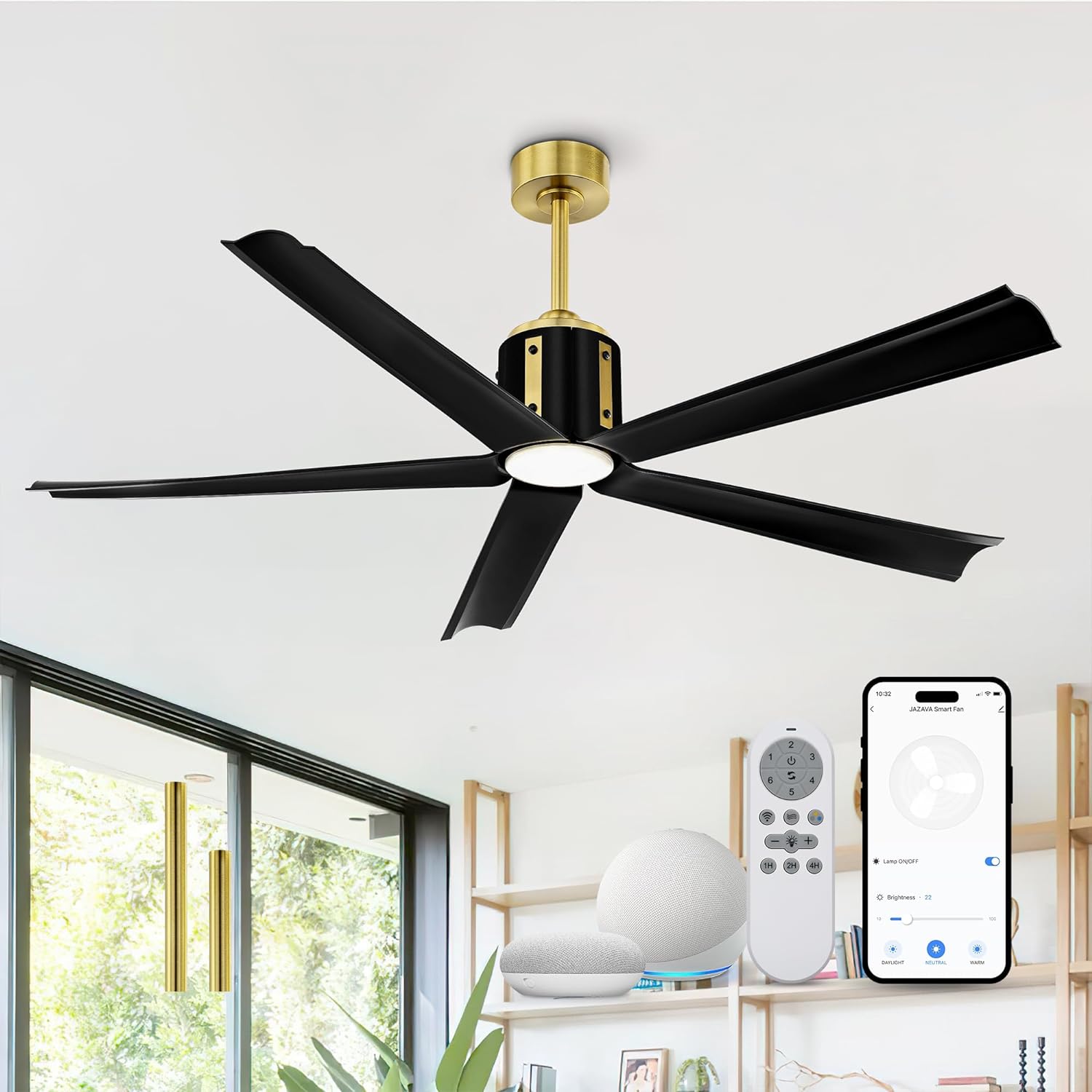 Smart 60 Inch Ceiling Fan, Black Ceiling Fans with Lights and Remote, Quiet DC Motor, Voice Control with 2.4G WiFi, Modern Indoor Ceiling Fans with Light for Bedroom Patio