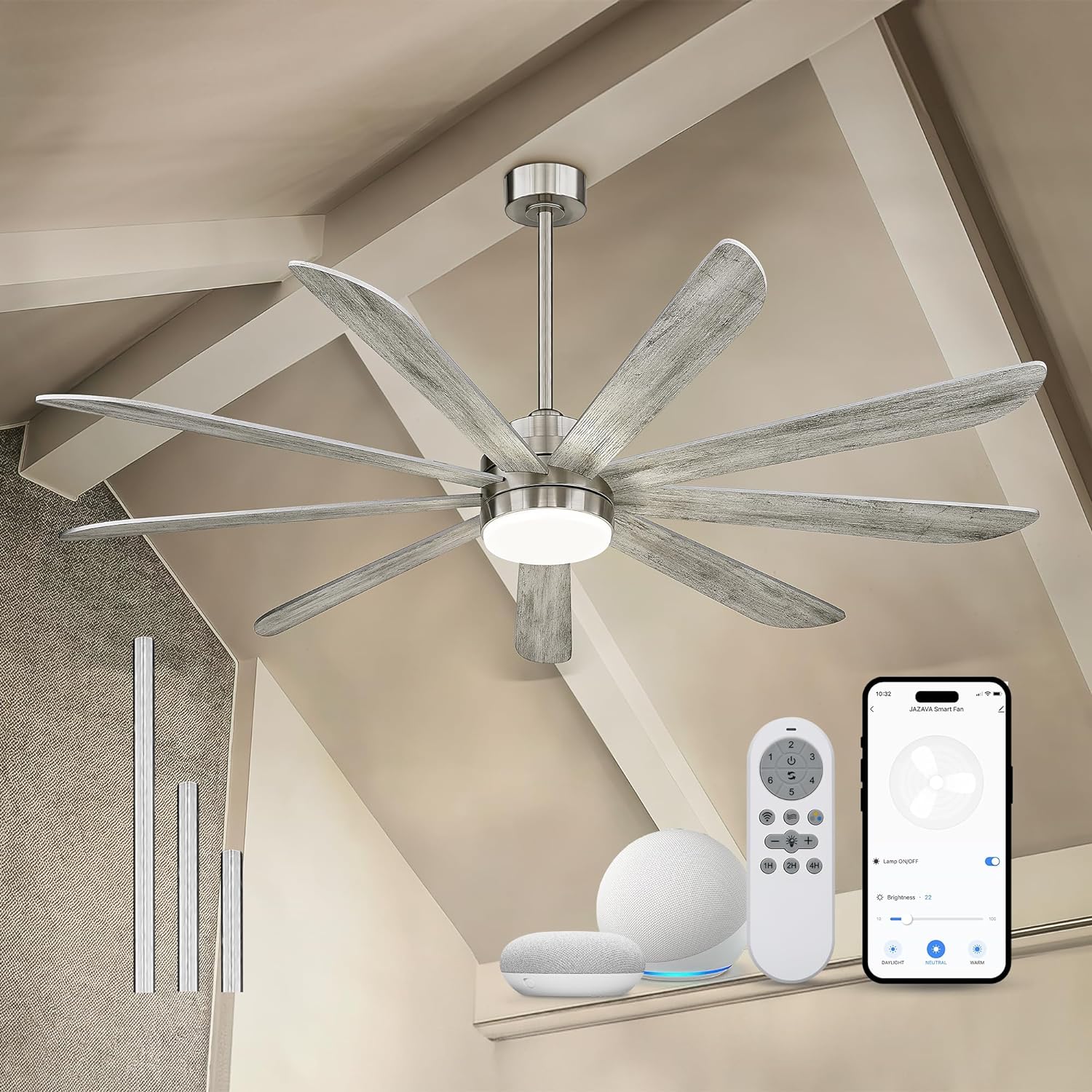 72 inch Large Ceiling Fans with Lights, Modern Ceiling Fan for Kitchen Living Room, 9 Blades Dual Nickel & White Walnut Ceiling Fan with Remote