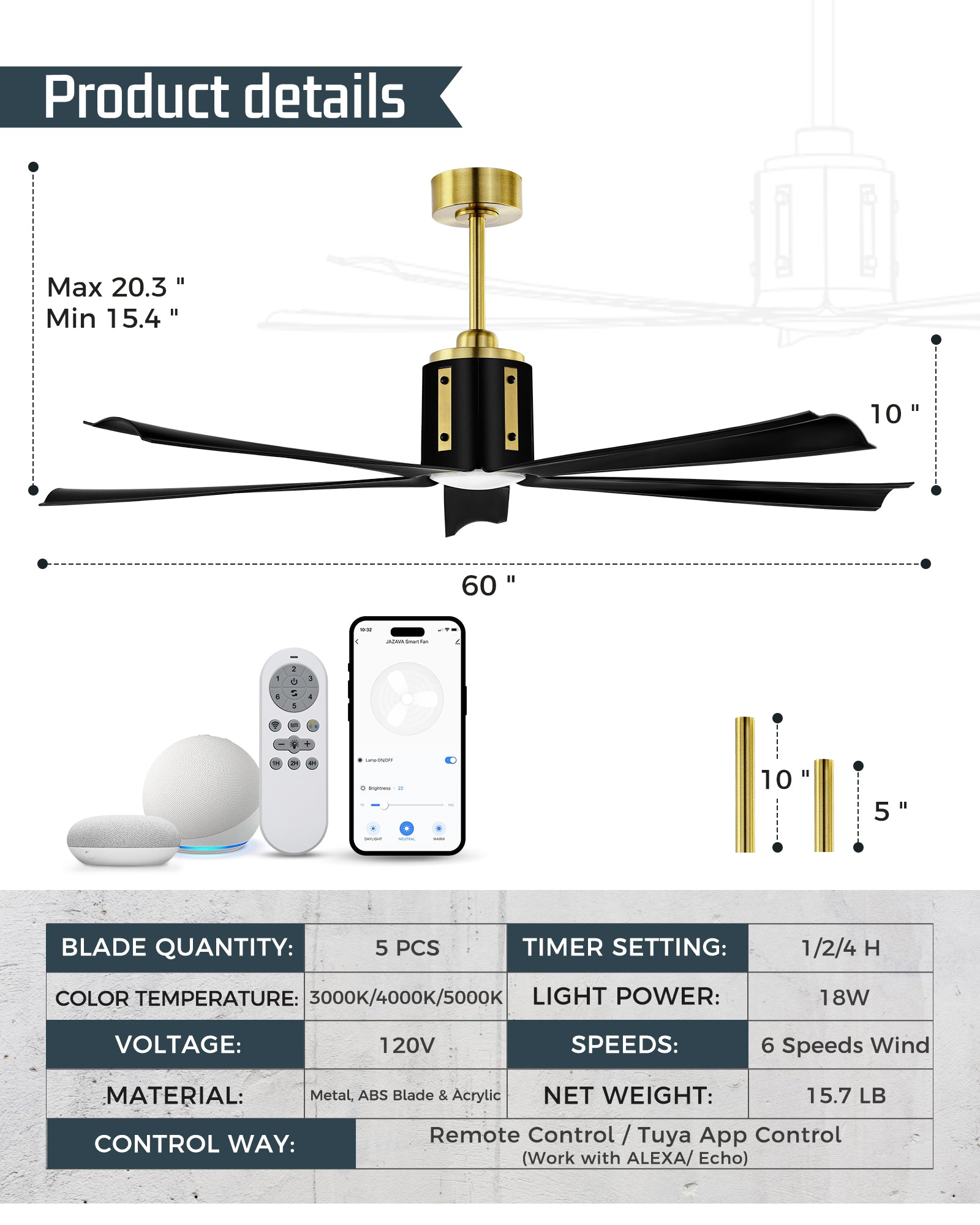 60" Smart Ceiling Fan with Light, Works with Alexa, Remote Control, Black & Gold
