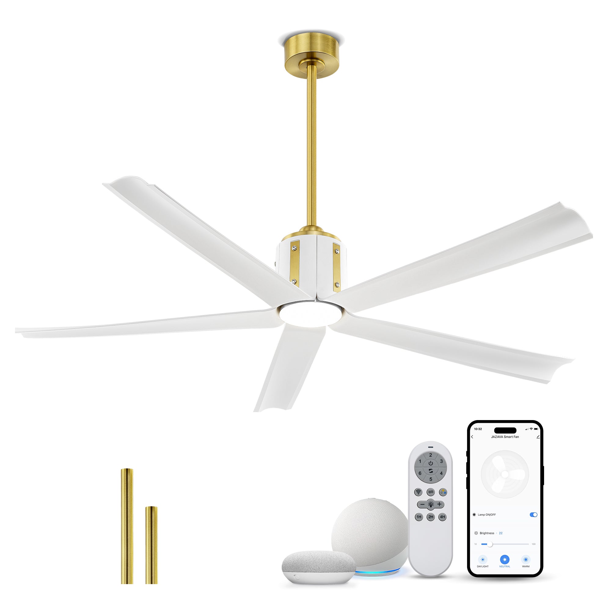 60" Smart Ceiling Fan with Light, Works with Alexa, Remote Control, White & Gold