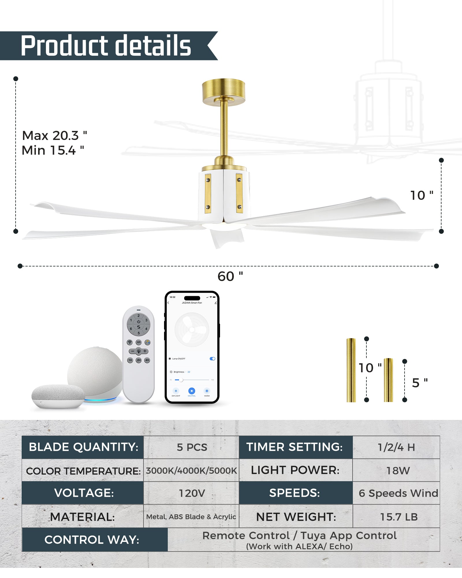 60" Smart Ceiling Fan with Light, Works with Alexa, Remote Control, White & Gold
