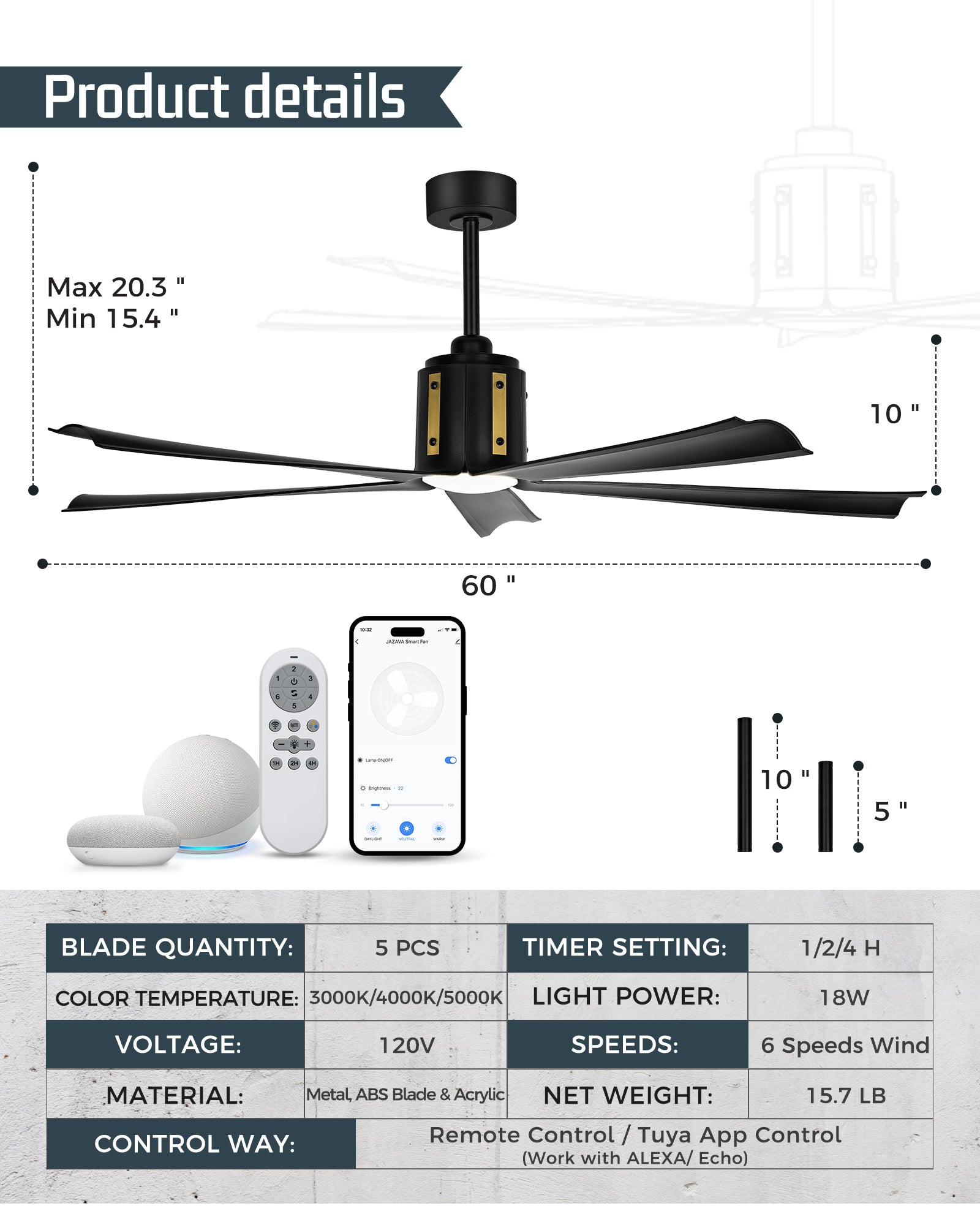 60" Smart Ceiling Fan with Light, Works with Alexa, Remote Control, Black