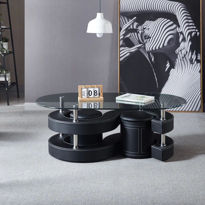 OVAL COFFEE TABLE WITH 2 STOOLS