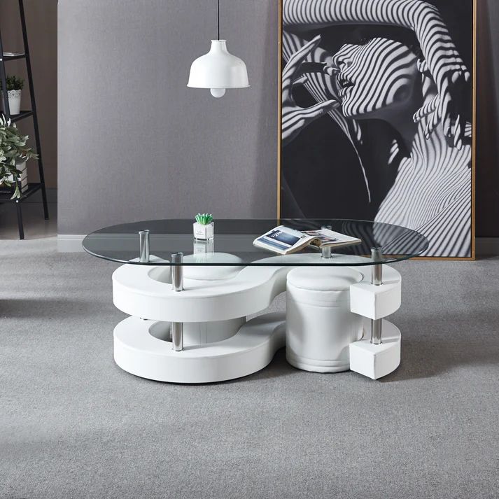 OVAL COFFEE TABLE WITH 2 STOOLS