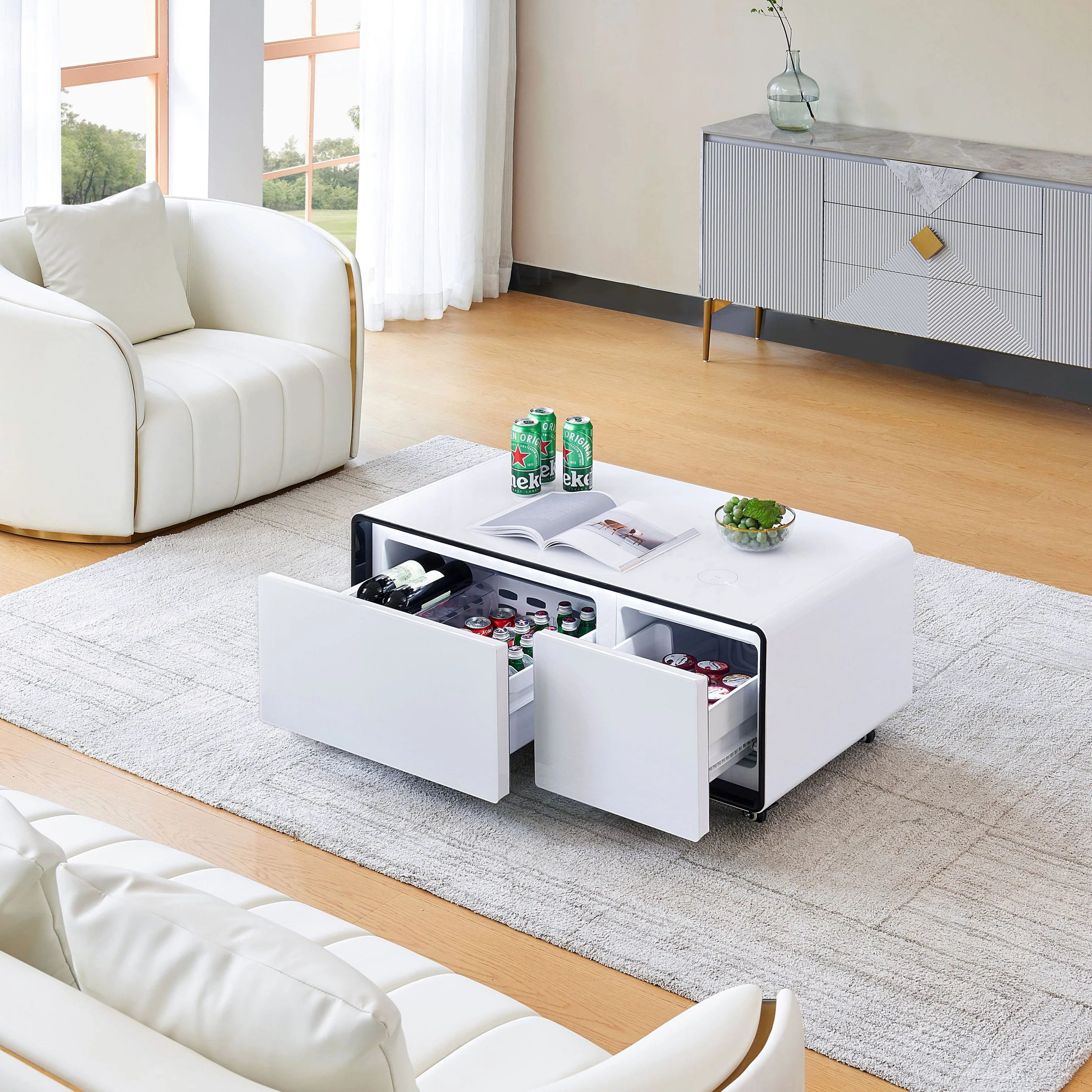 FRIDGE DRAWERS COFFEE TABLE W/ BLUETOOTH SPEAKERS