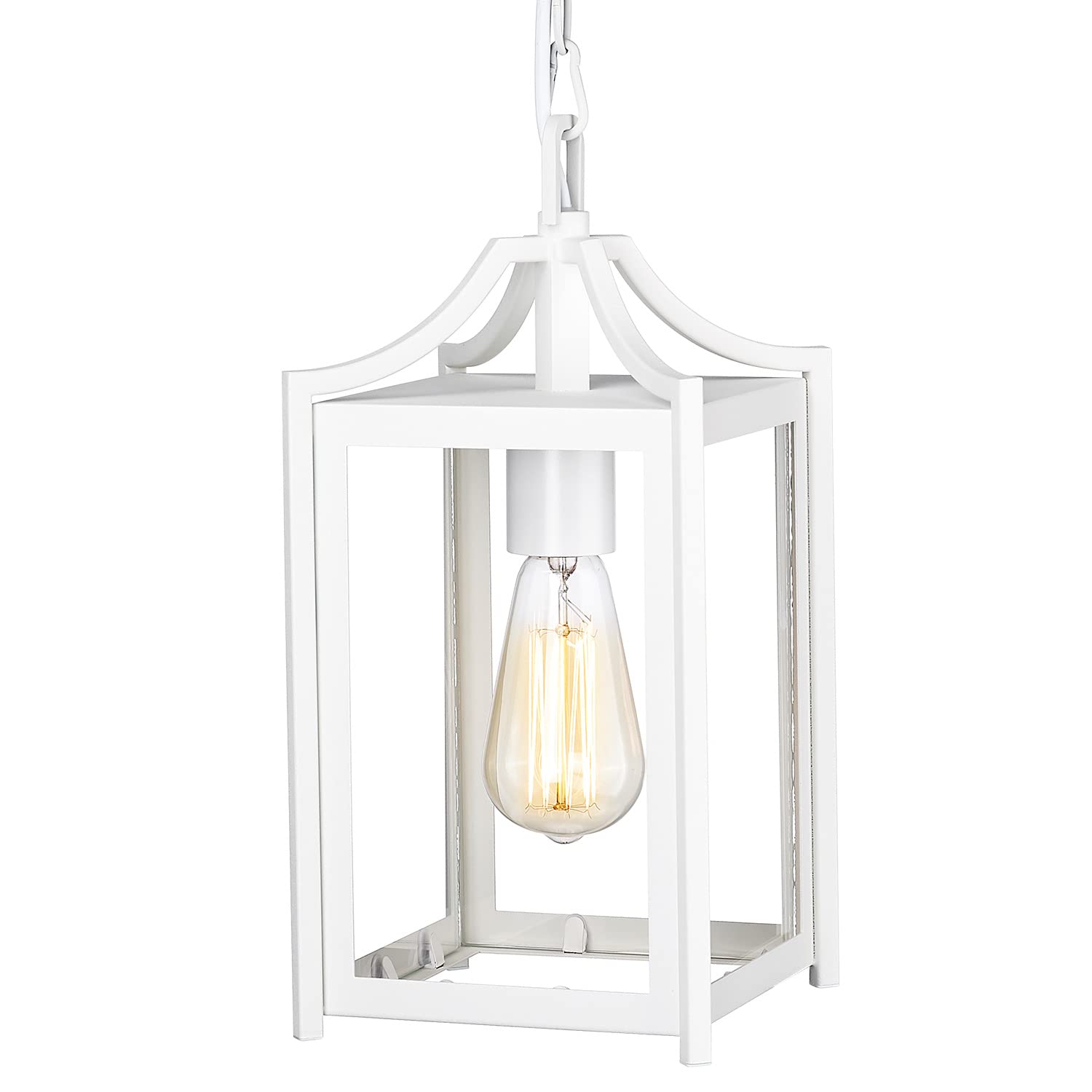 White Finish and Clear Glass with Adjustable Chain - 14" Large Modern Outdoor Hanging Porch Light - USAG00291