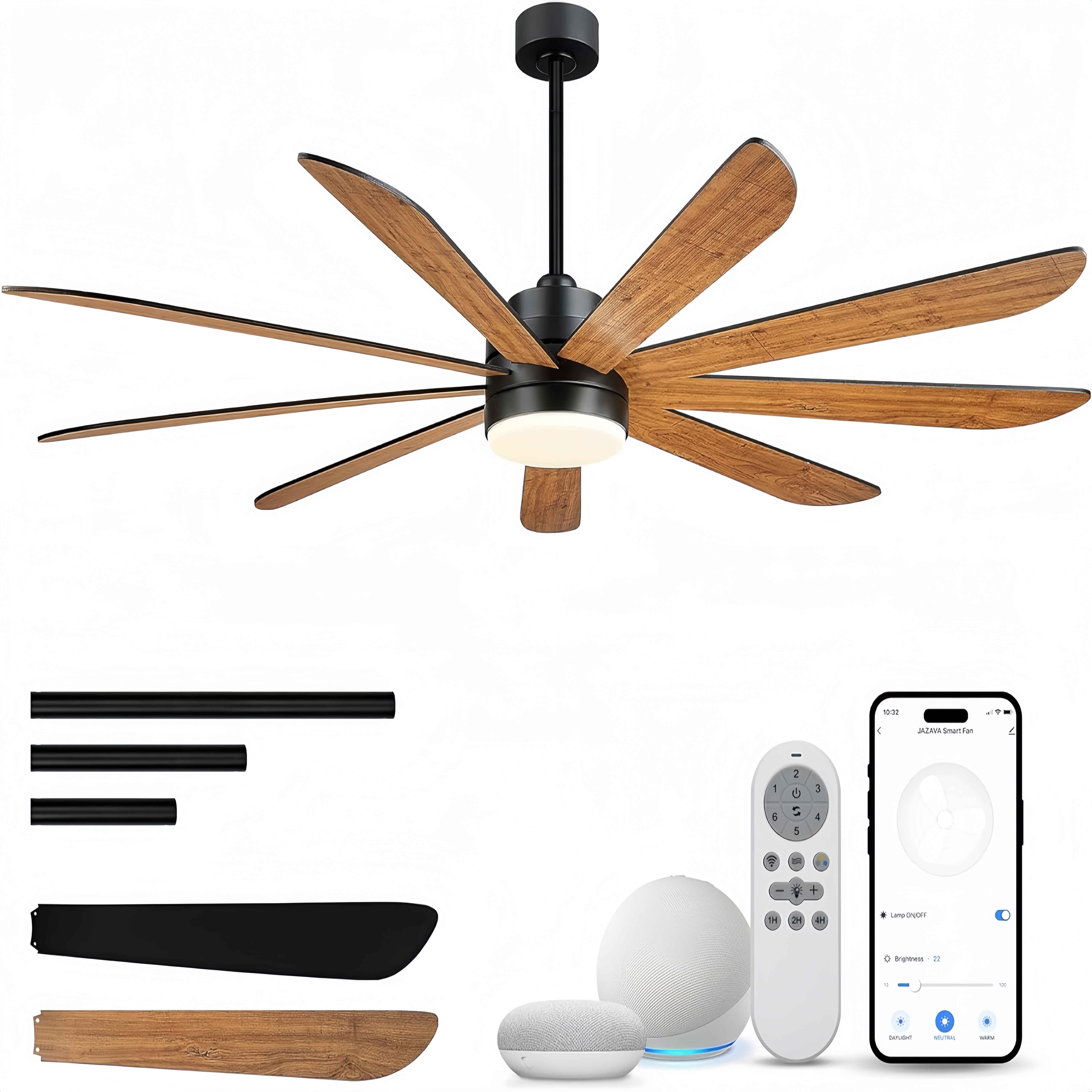 72 inch Large Ceiling Fans with Lights, Modern Ceiling Fan for Kitchen Living Room, 9 Blades Dual Nickel & White Walnut Ceiling Fan with Remote