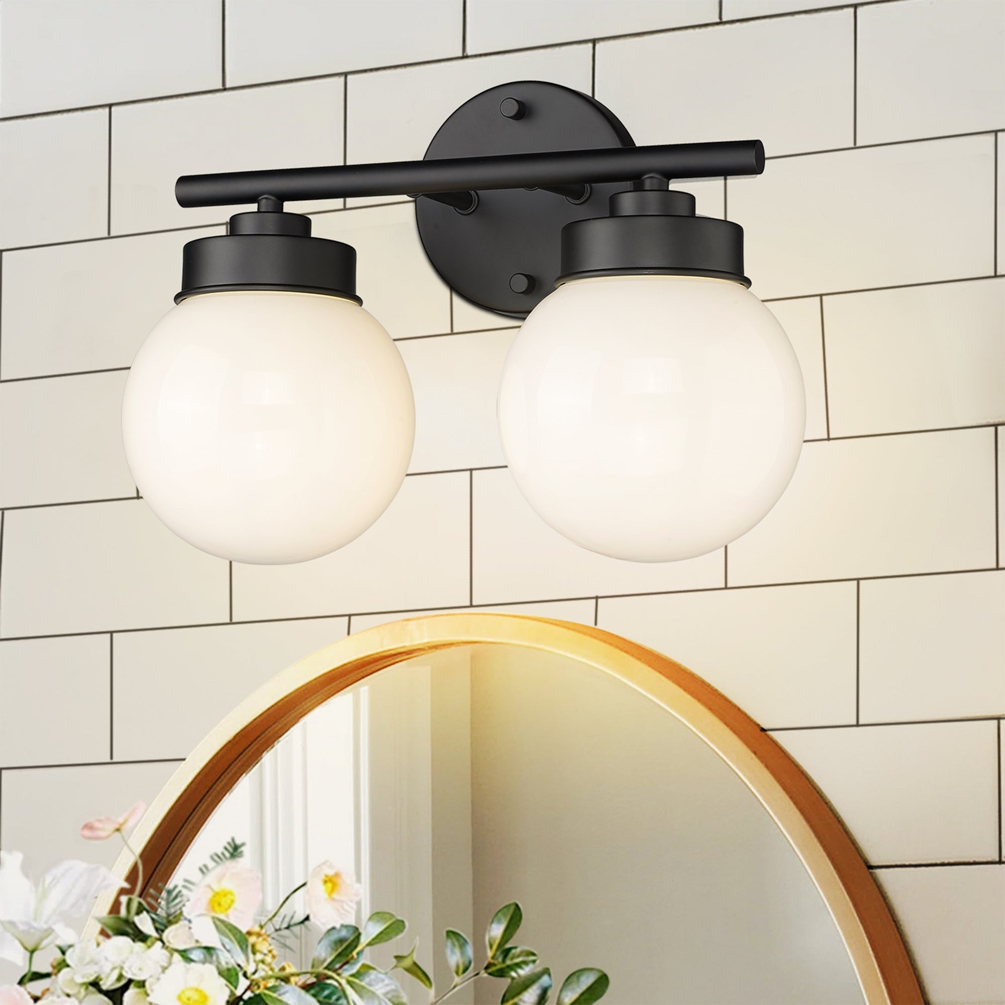 Black Globe Bathroom Light Fixtures with White Glass Shade - 13 inch 2-Light Vanity Lights - USAG00008