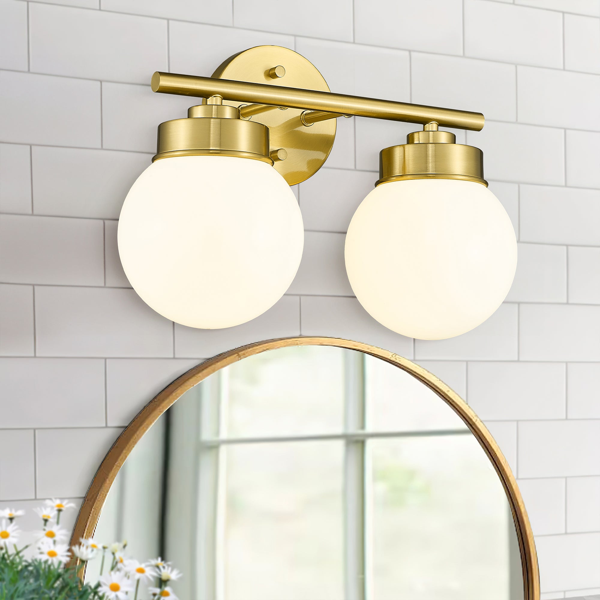 Brushed Gold Globe Bathroom Light Fixtures with White Glass Shade - 13 inch 2-Light Vanity Lights - USAG00009