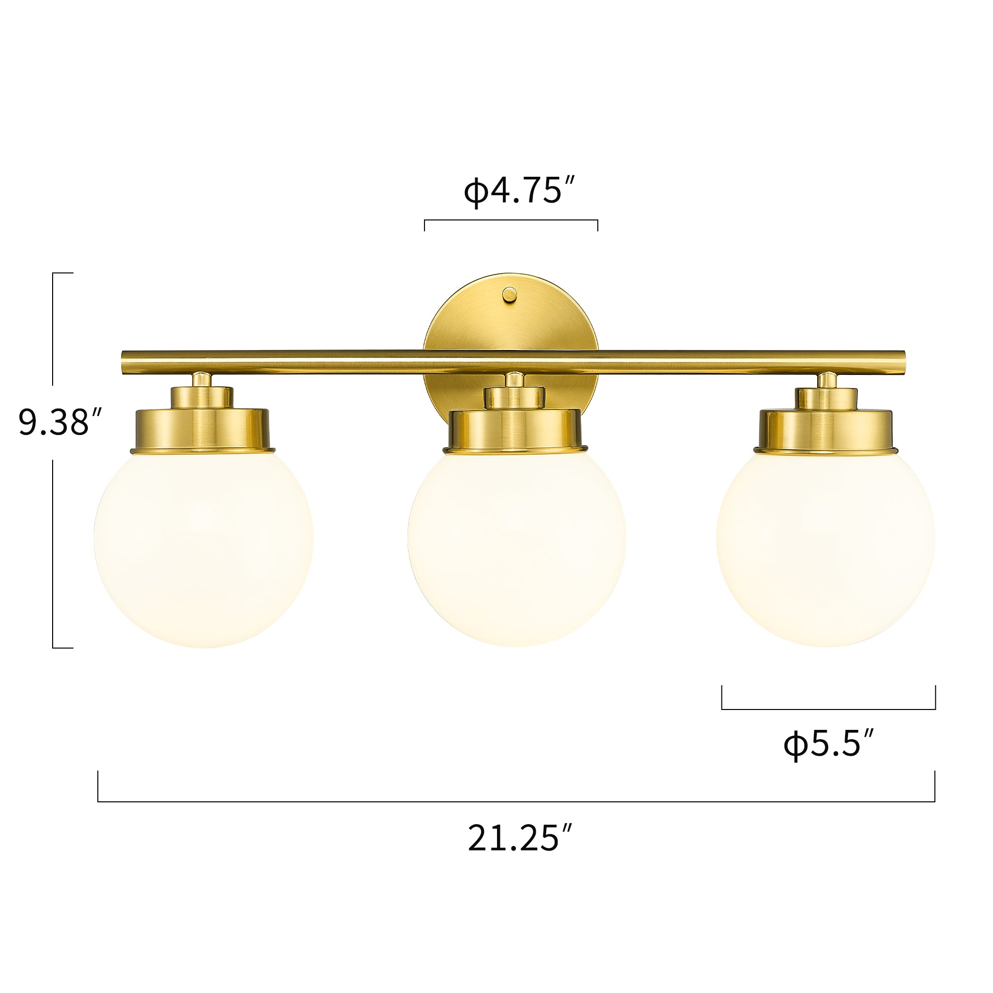 Brushed Gold Globe Bathroom Light Fixtures with White Glass Shade - 21 inch 3-Light Vanity Lights - USAG00010