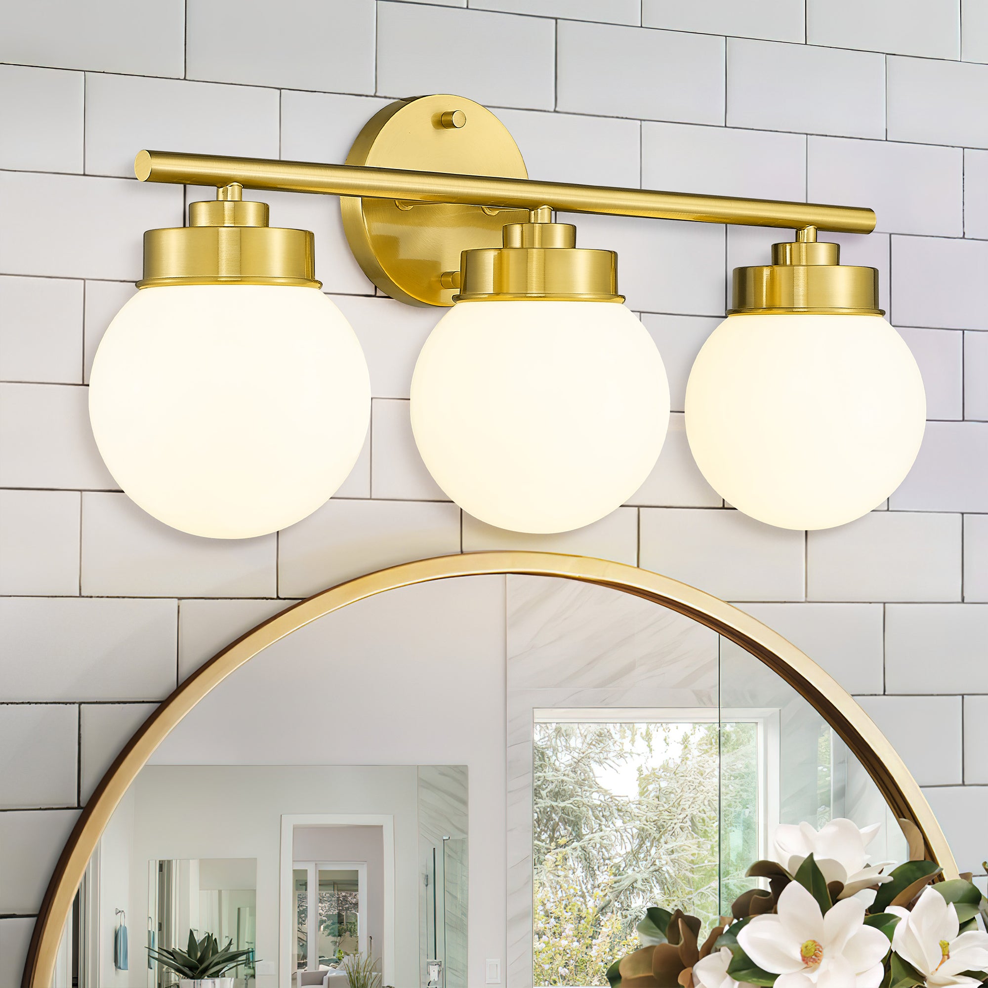 Brushed Gold Globe Bathroom Light Fixtures with White Glass Shade - 21 inch 3-Light Vanity Lights - USAG00010