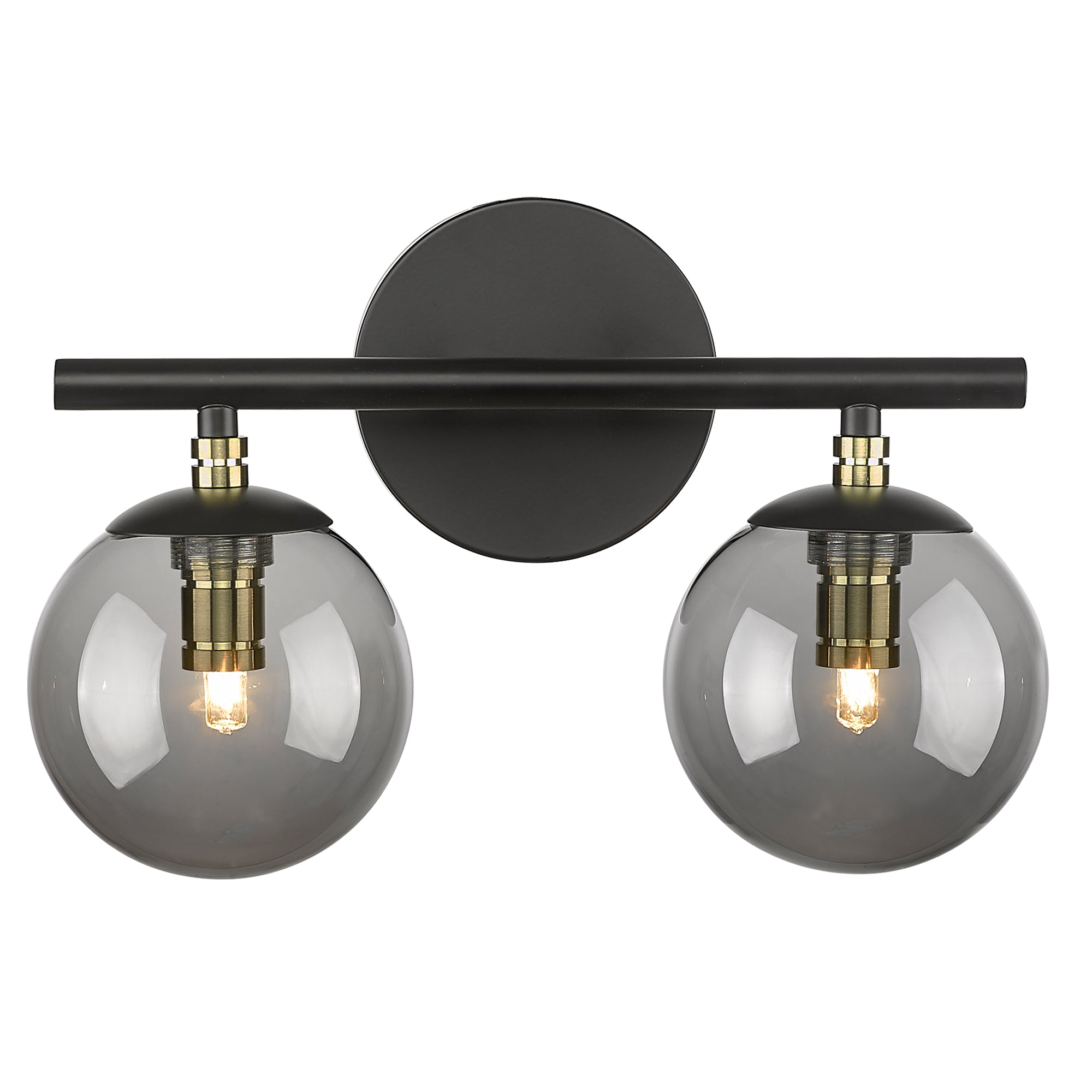 Black and Brass Gold Finish with Smokey Globe Glass Light Fixtures - 13 inch 2-Light Vanity Light - USAG00012