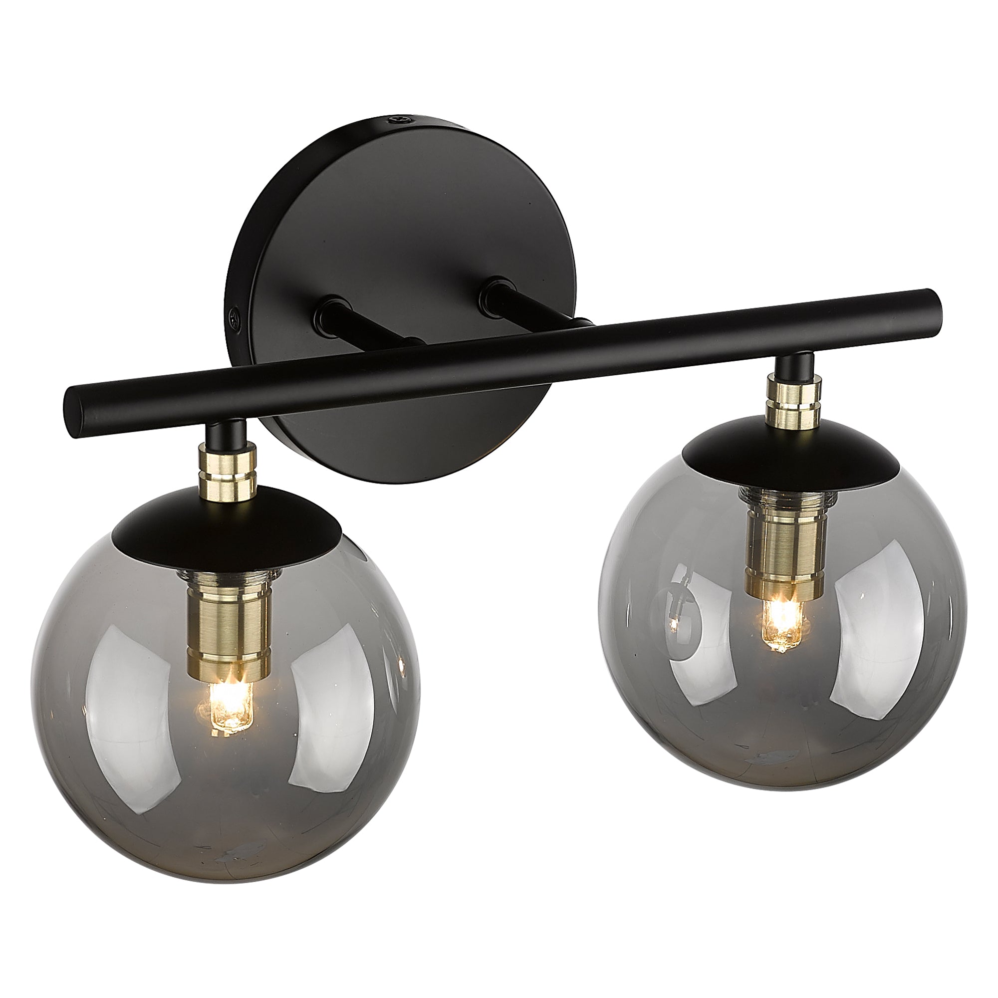 Black and Brass Gold Finish with Smokey Globe Glass Light Fixtures - 13 inch 2-Light Vanity Light - USAG00012