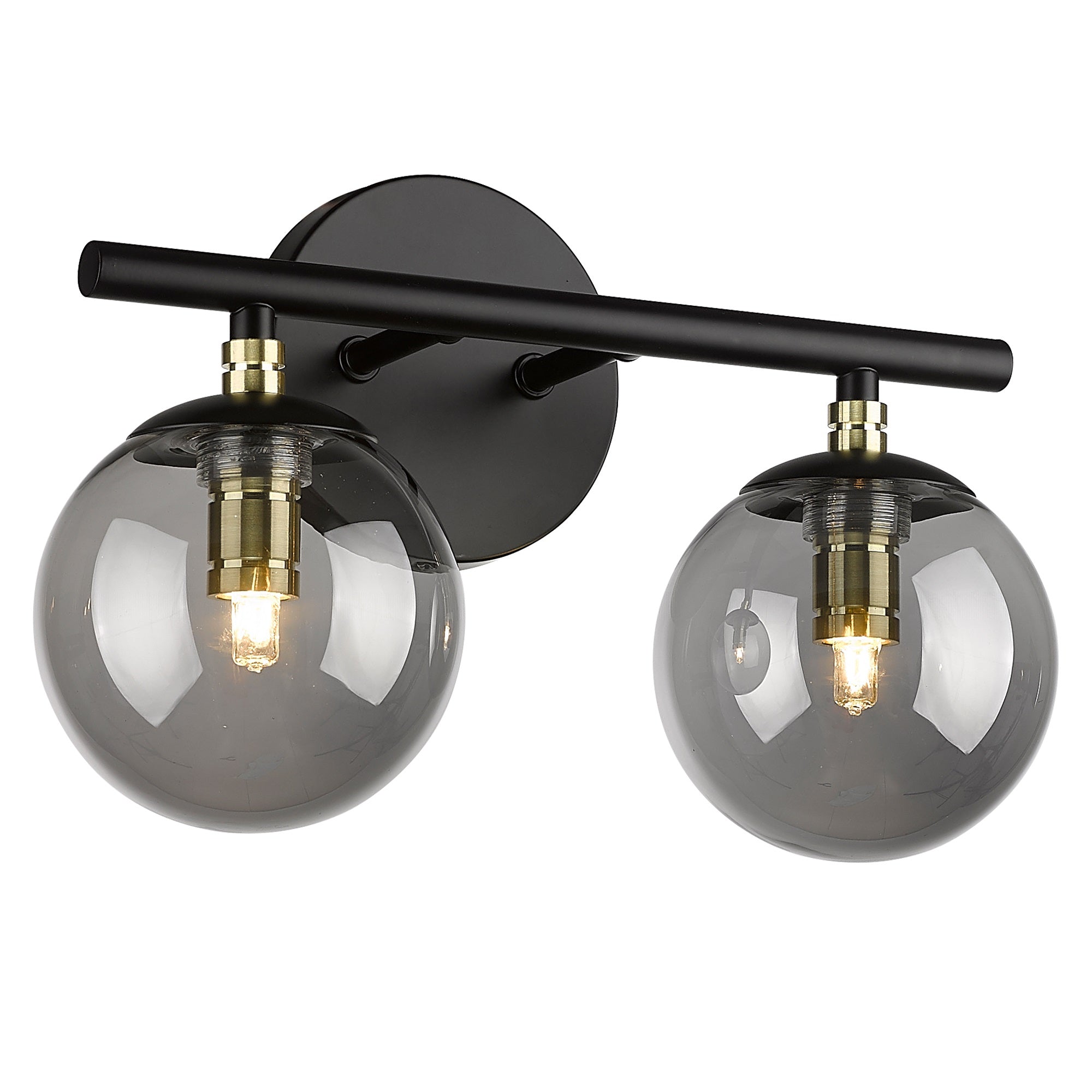 Black and Brass Gold Finish with Smokey Globe Glass Light Fixtures - 13 inch 2-Light Vanity Light - USAG00012