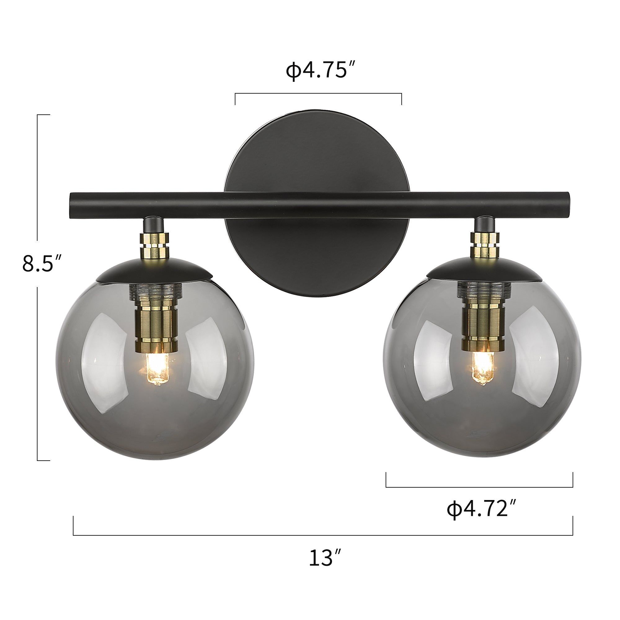 Black and Brass Gold Finish with Smokey Globe Glass Light Fixtures - 13 inch 2-Light Vanity Light - USAG00012