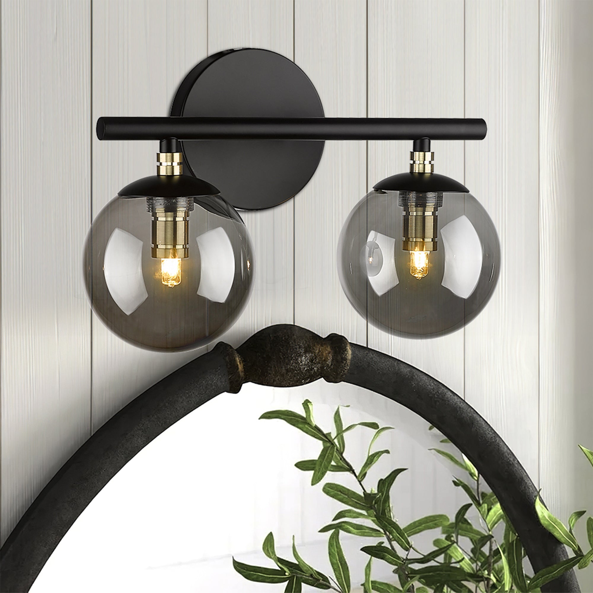 Black and Brass Gold Finish with Smokey Globe Glass Light Fixtures - 13 inch 2-Light Vanity Light - USAG00012