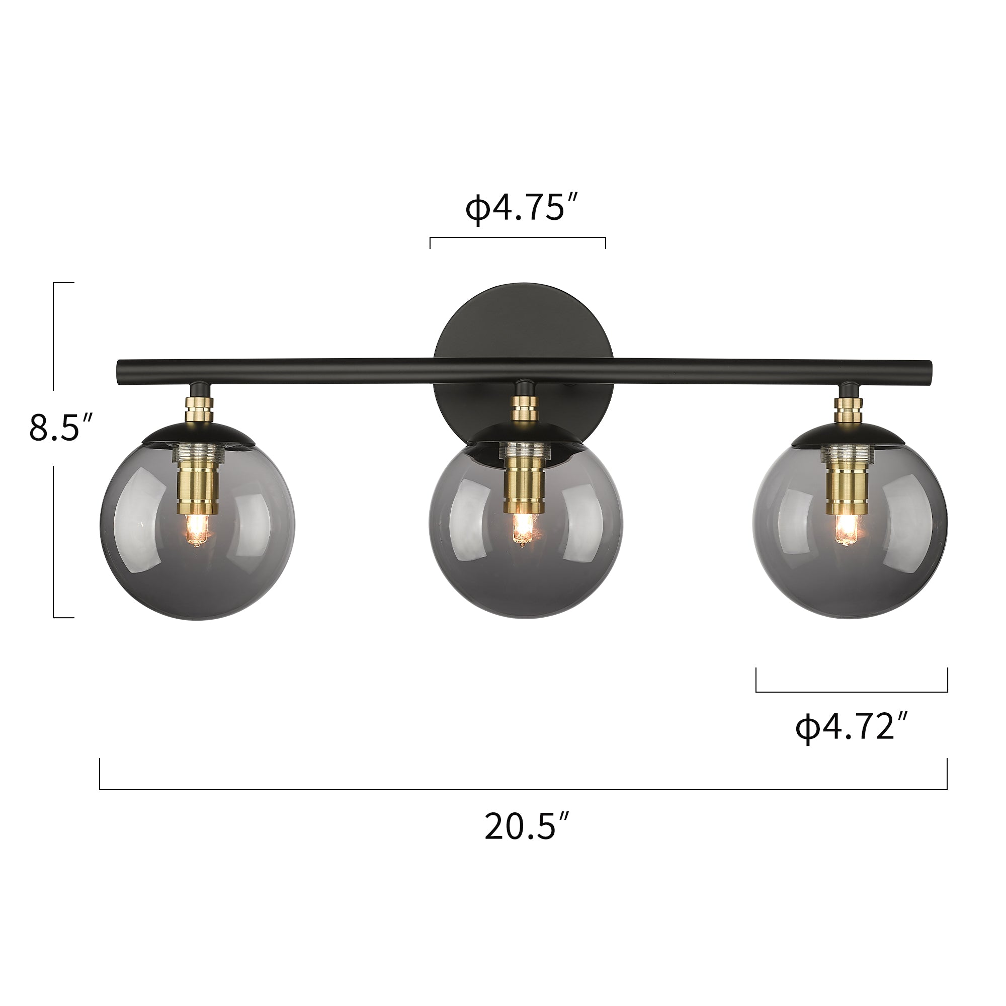 Black and Brass Gold Finish with Smokey Globe Glass Light Fixtures - 21 inch 3-Light Vanity Light - USAG00013