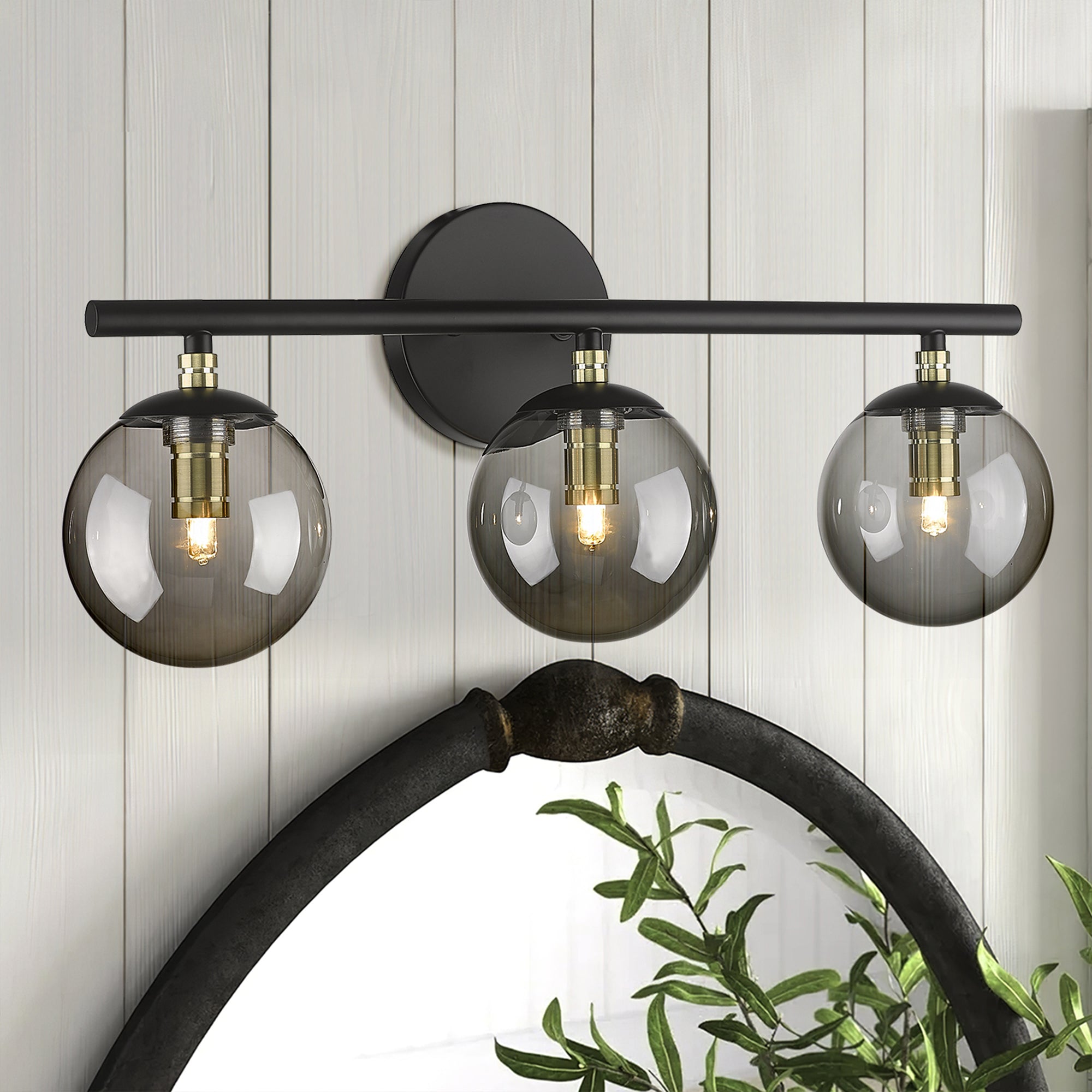 Black and Brass Gold Finish with Smokey Globe Glass Light Fixtures - 21 inch 3-Light Vanity Light - USAG00013