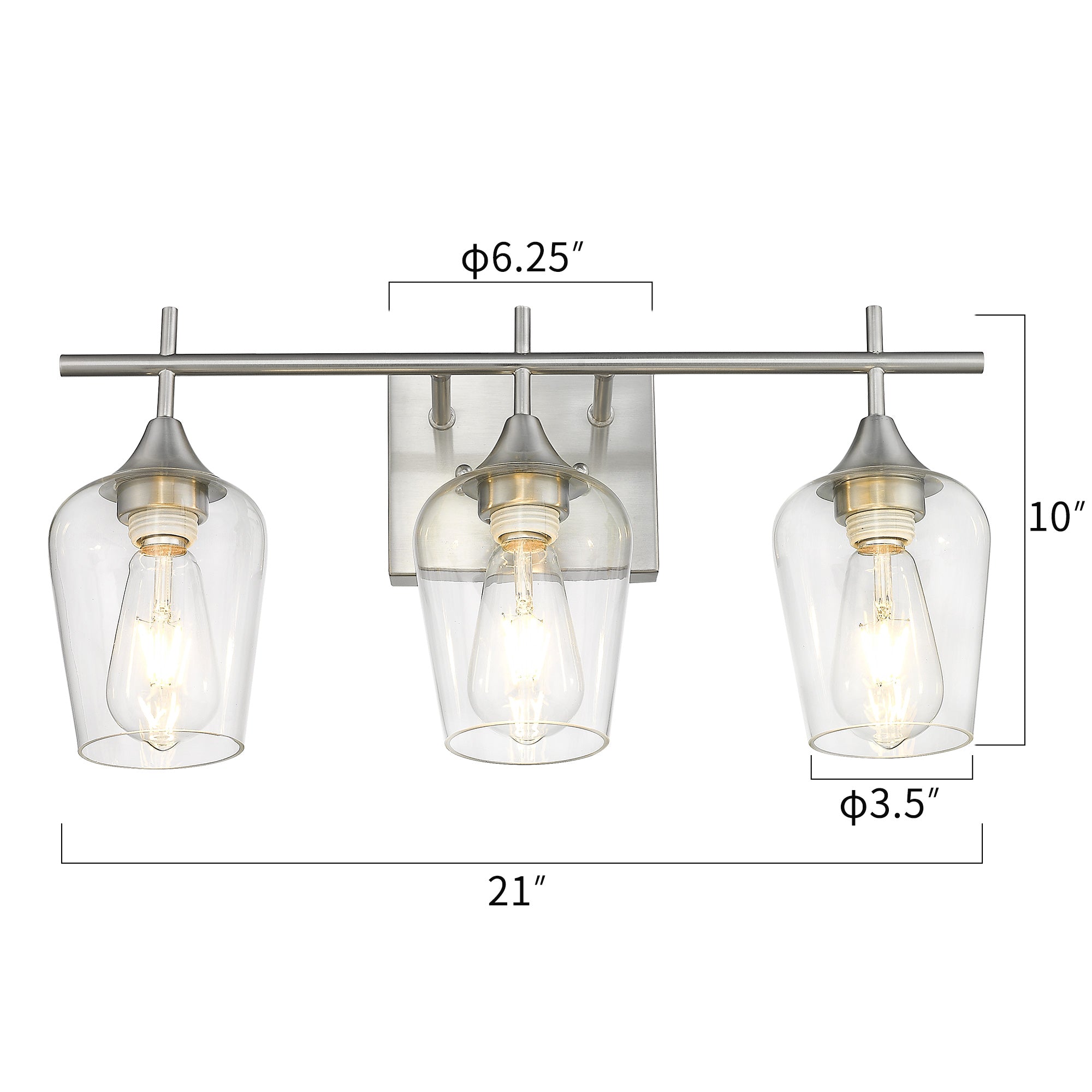 Brushed Nickel Glass & Metal - Brushed Nickel 3-Lights Vanity Lights For Bathroom - USAG00017