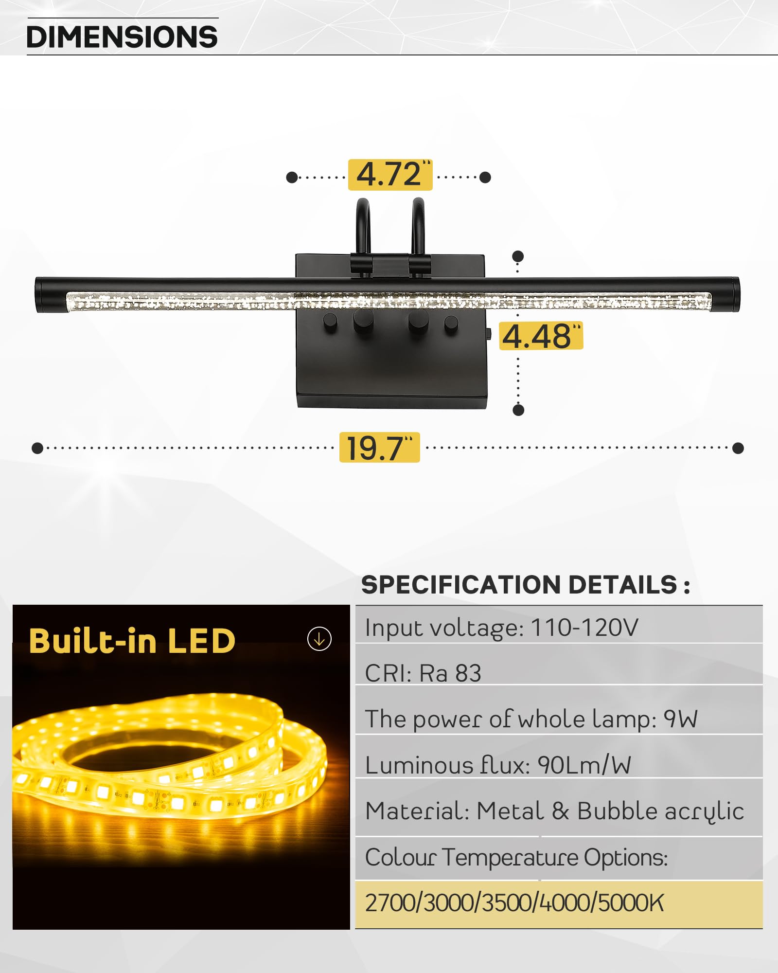 LED Black Vanity Lights Bar 19.7 inch Bathroom Light Fixtures 9W 2700/3000/3500/4000/5000KCCT Modern Bathroom Vanity Light, USAG00020