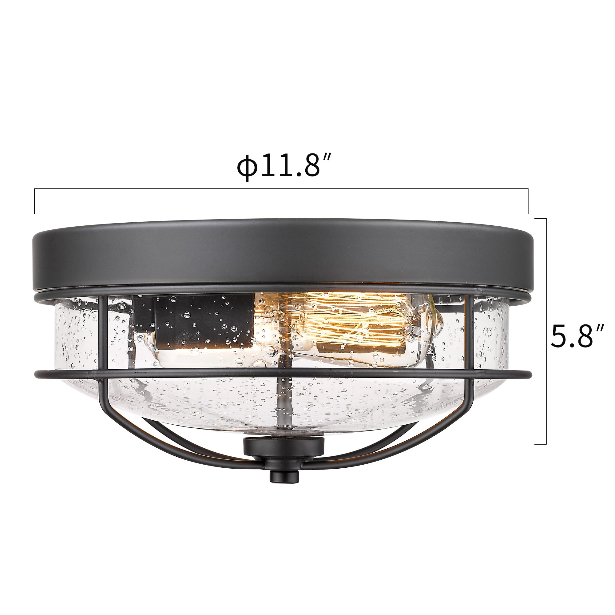 Matte Black Flush Mount with Seeded Glass Shade - 12 inch 2-Light Farmhouse Close to Ceiling Light - USAG00042