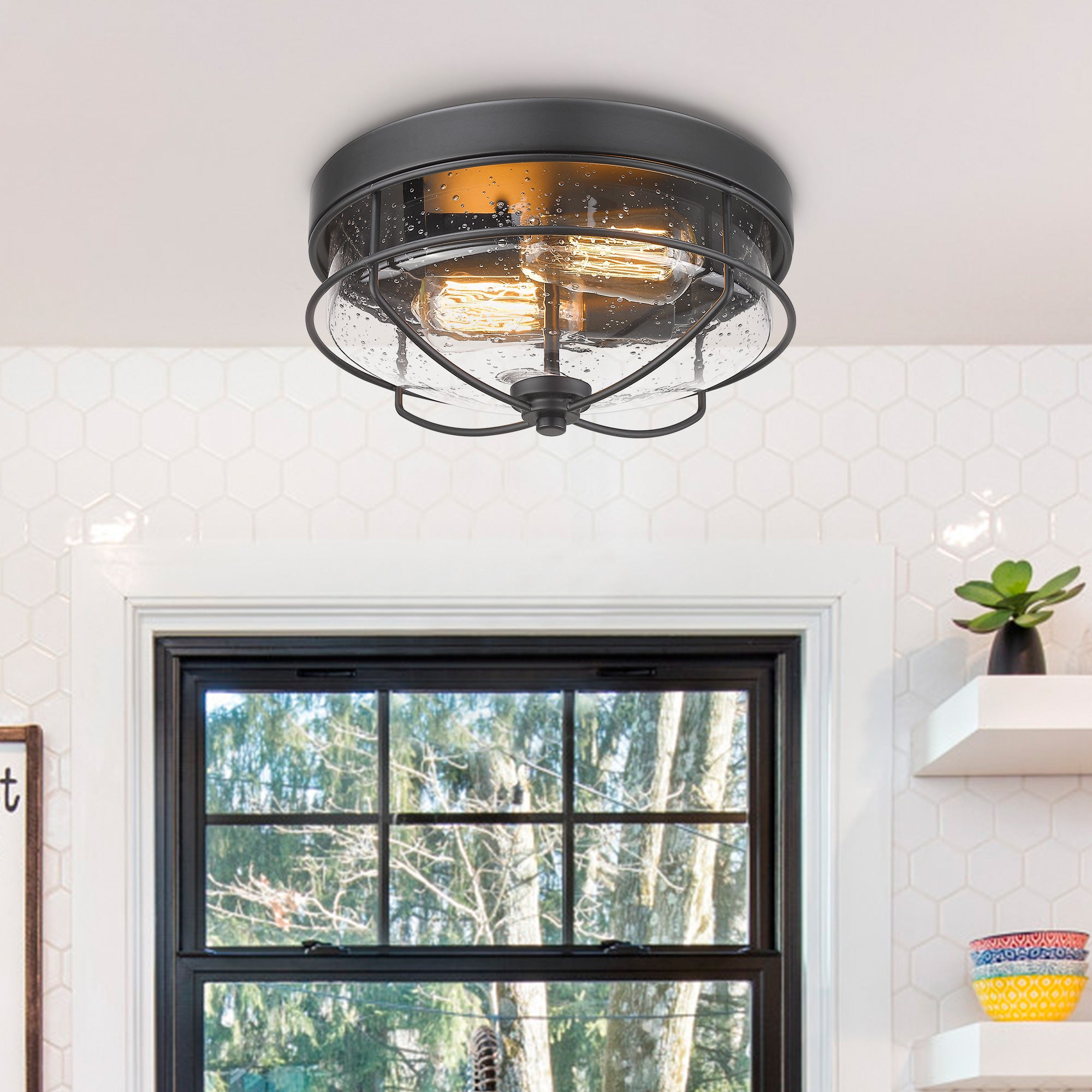 Matte Black Flush Mount with Seeded Glass Shade - 12 inch 2-Light Farmhouse Close to Ceiling Light - USAG00042