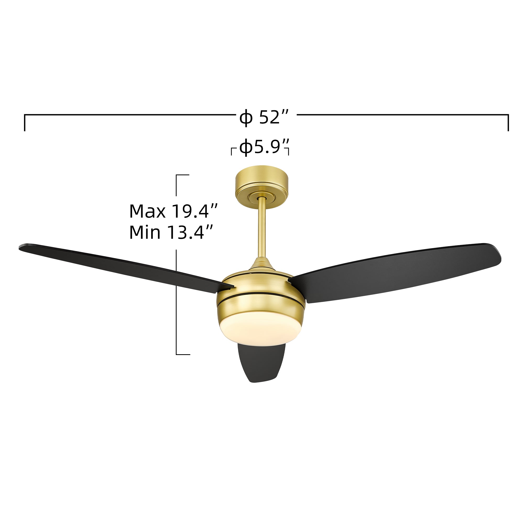 52 Inch Modern Gold Ceiling Fan - USAG00043 - LED Ceiling Fan with Light and Remote Control, with 3 Matte Black Blades for Living Room, Bedroom, Bathroom